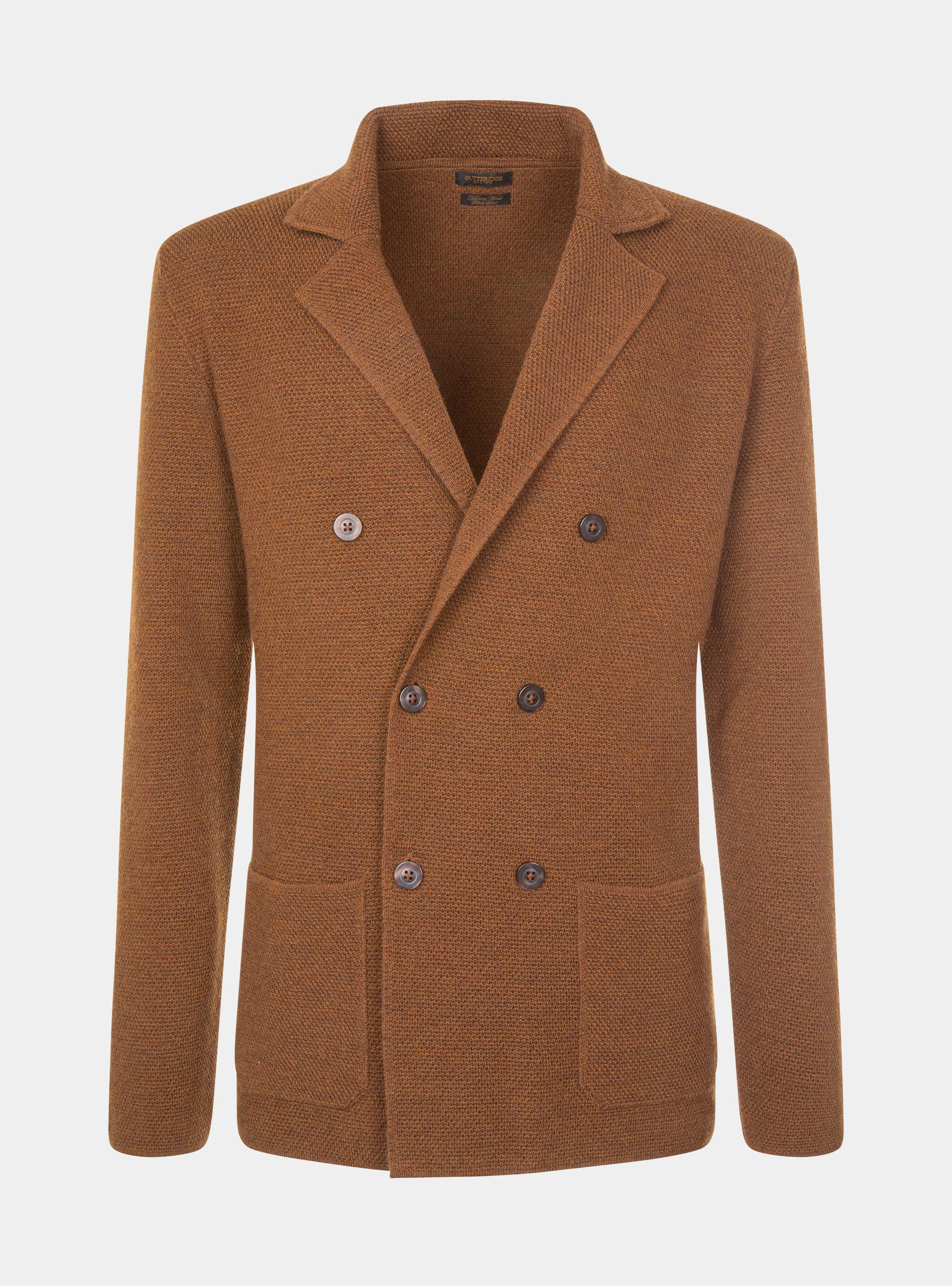 Double-breasted knitted cardigan in pure merino wool, BROWN