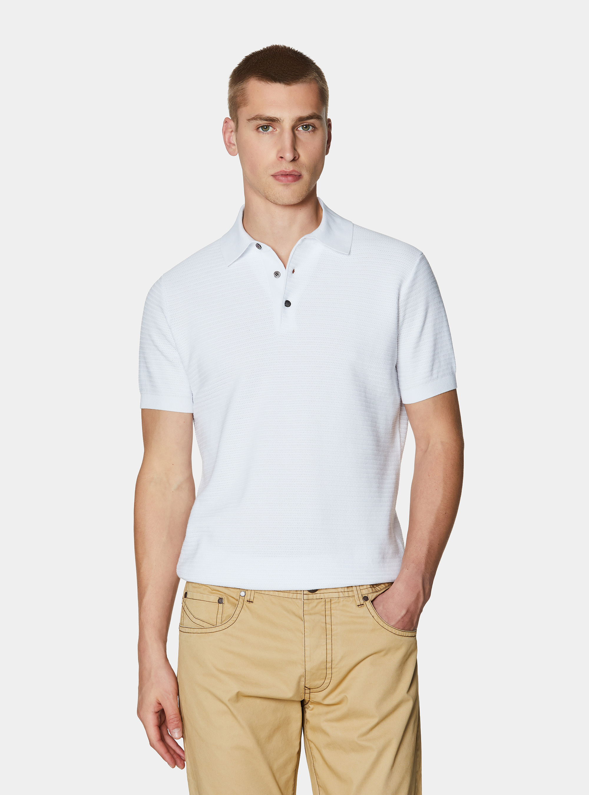 Textured cotton knit polo shirt, WHITE