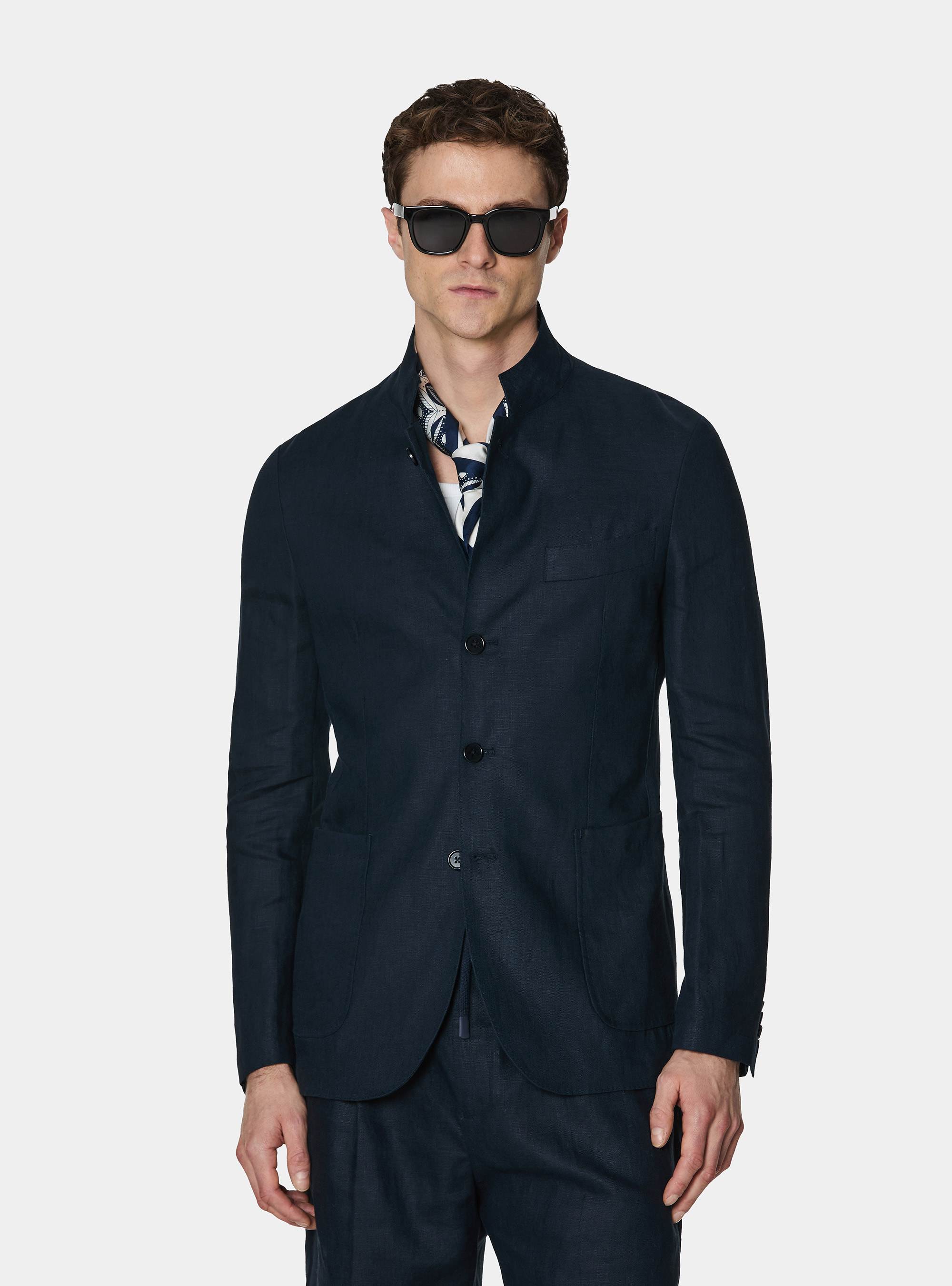 Korean blazer in pure linen, NAVY BLUE
