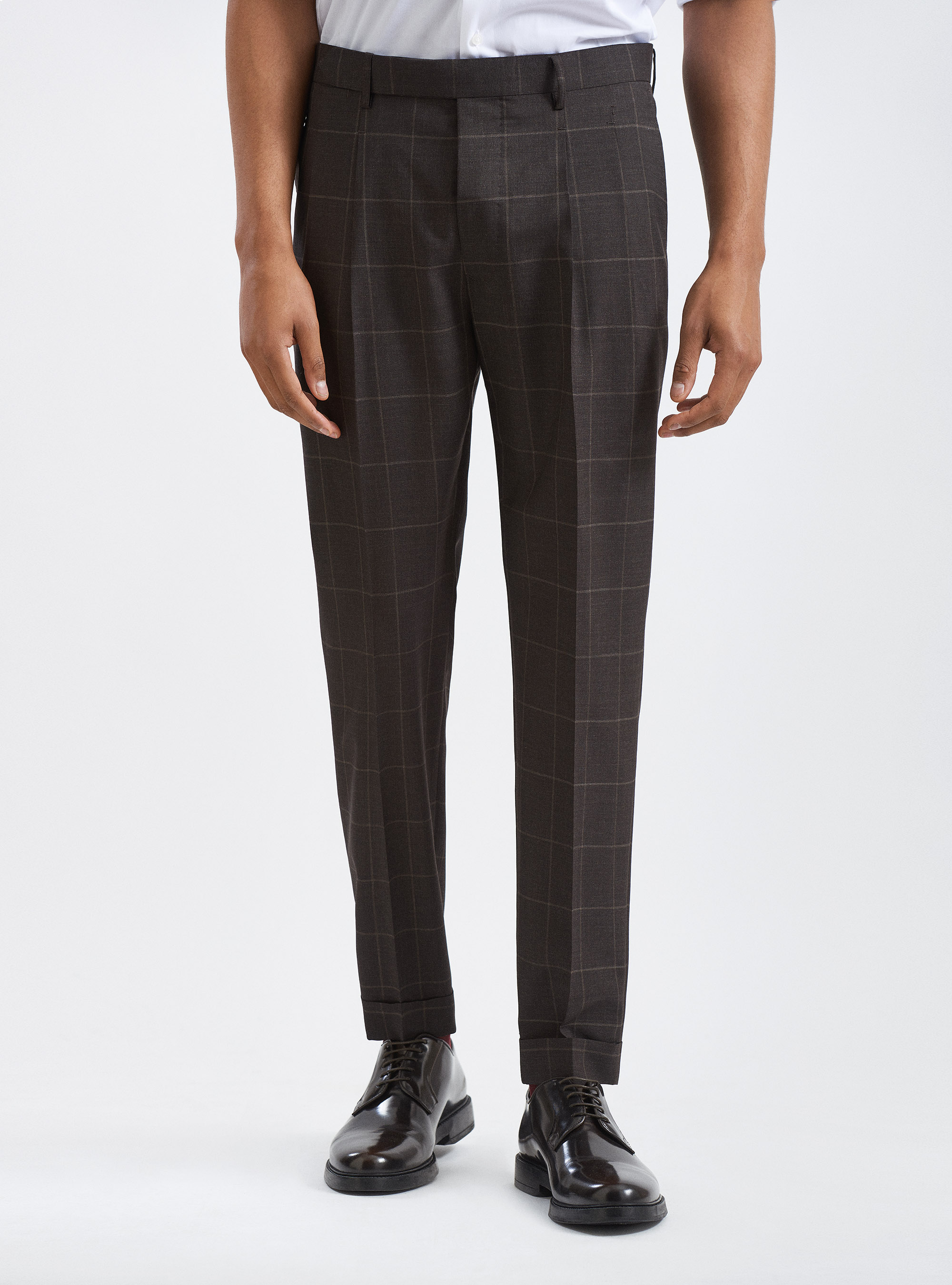 Pantaloni a quadri doppia pince in pura lana tessuto Vitale Barberis Canonico, MARRONE