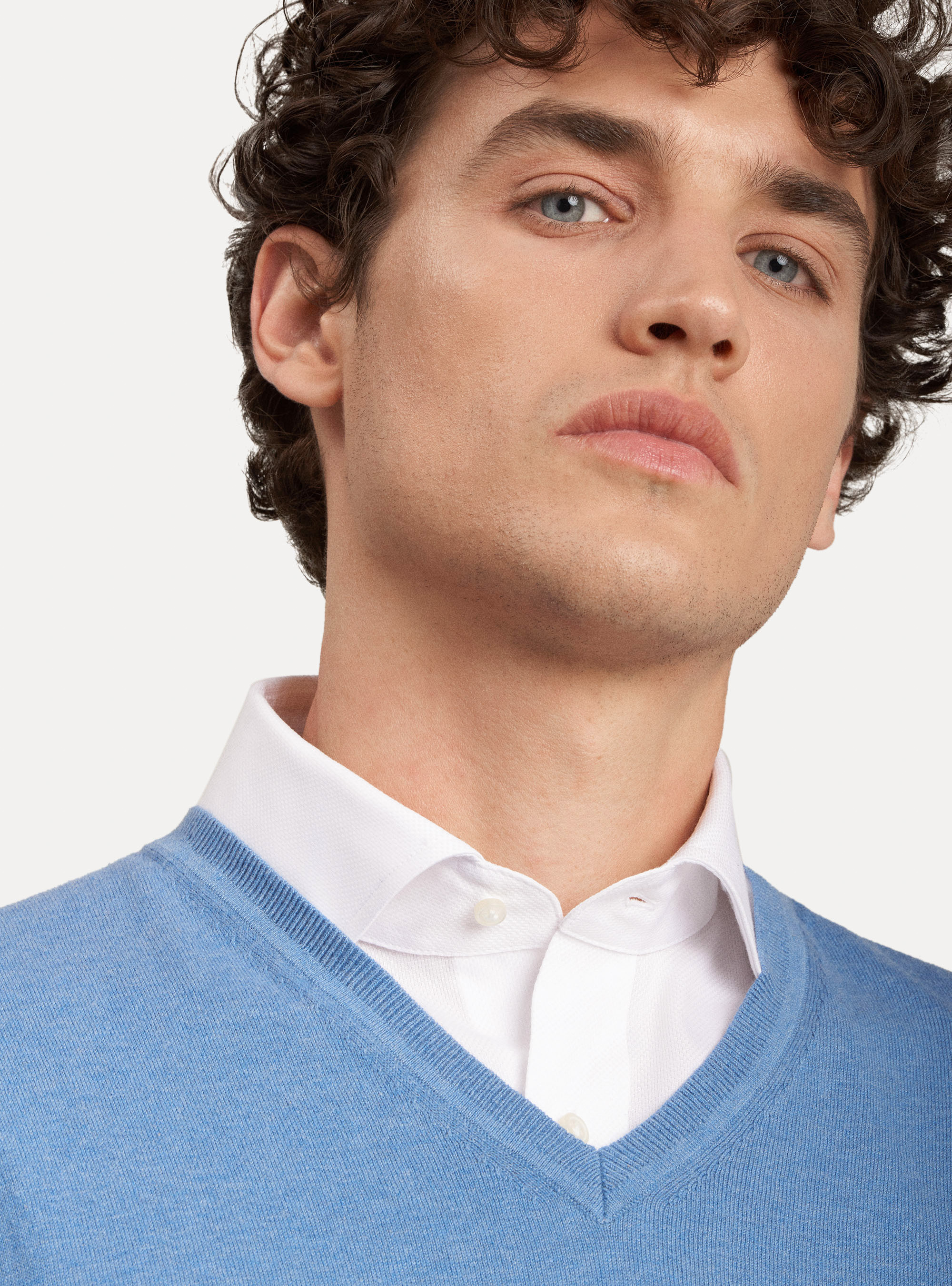 Maglia scollo a V in cotone seta e cashmere, AZZURRO