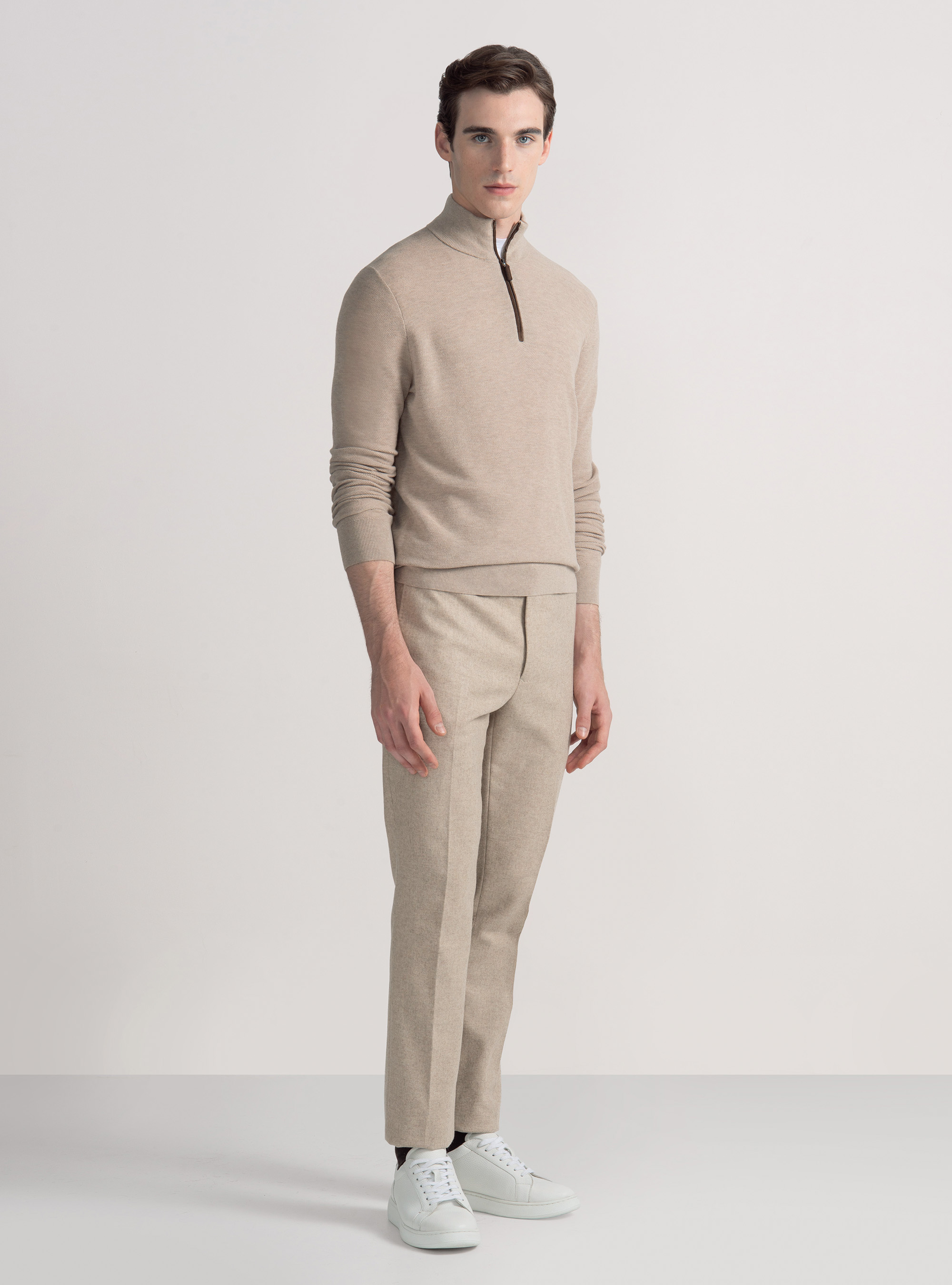 Cotton cashmere honeycomb mock neck sweater, ECRU