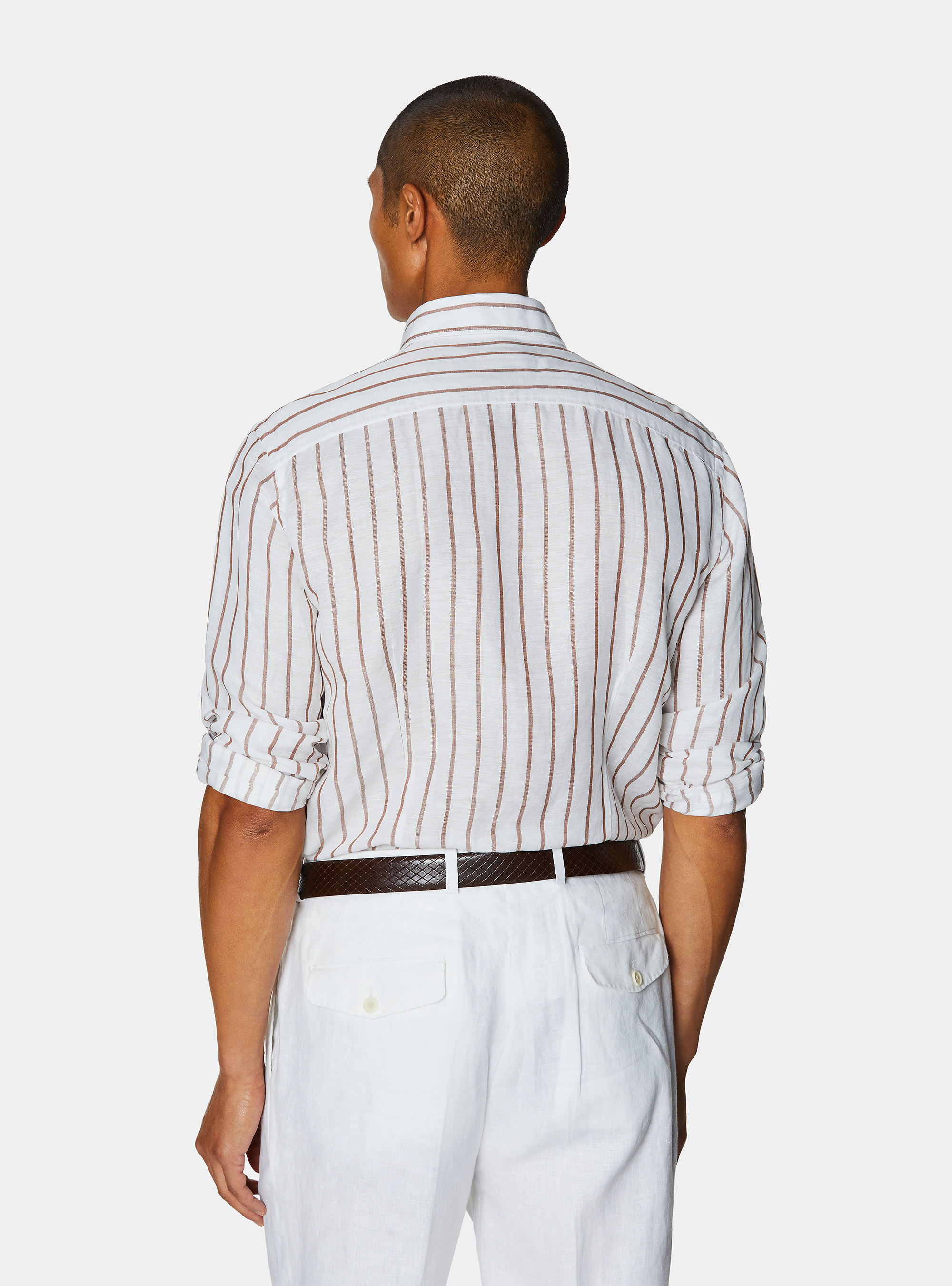 Camisa de rayas en mezcla de lino, MARRON