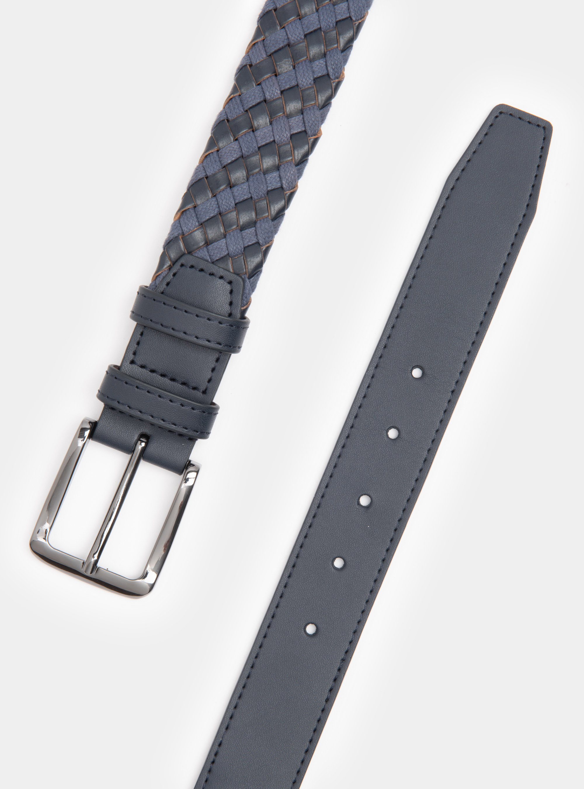 Leather and rope braided belt, NAVY BLUE