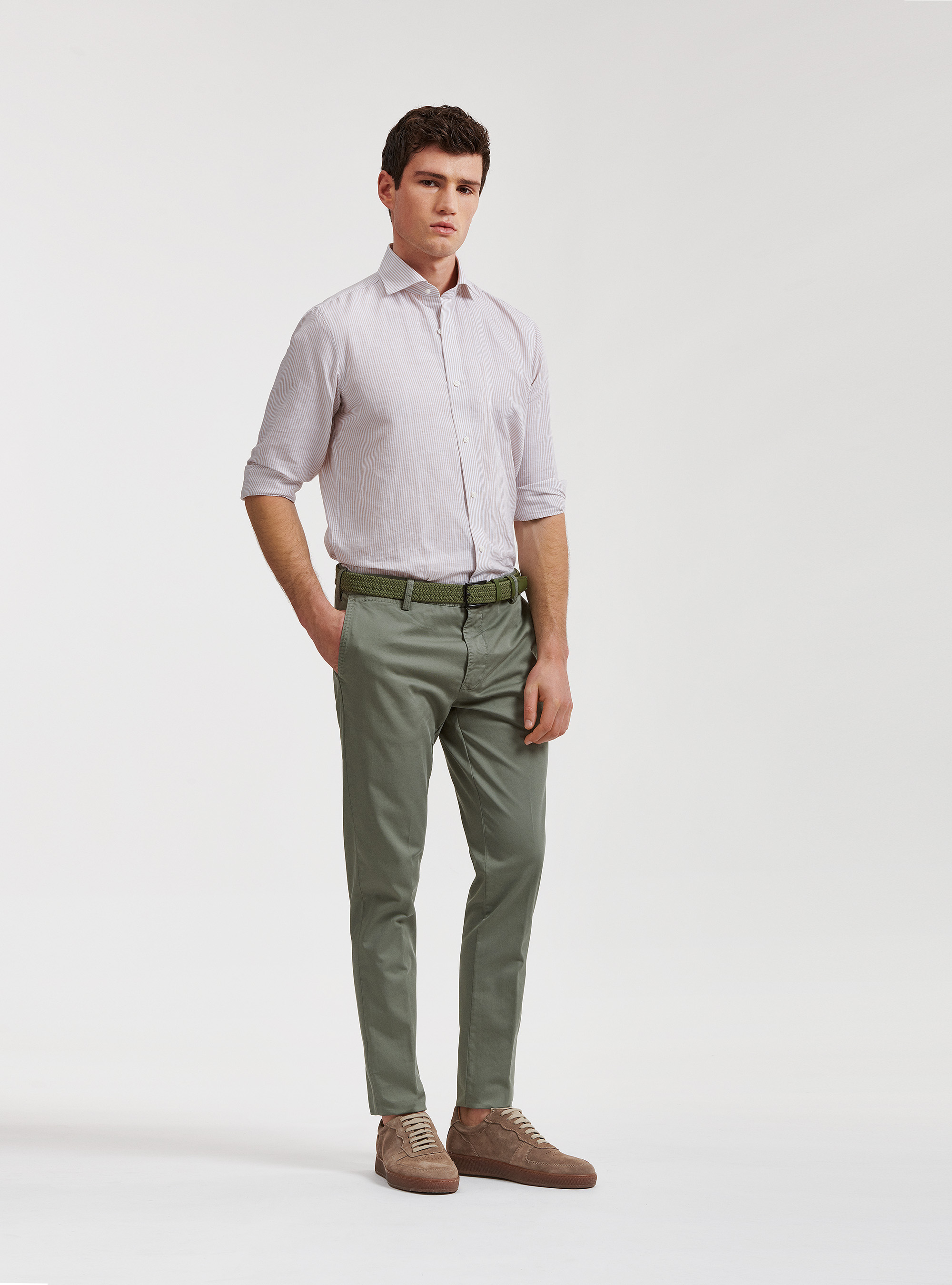 Semi-French collar shirt in linen and striped cotton, SAND