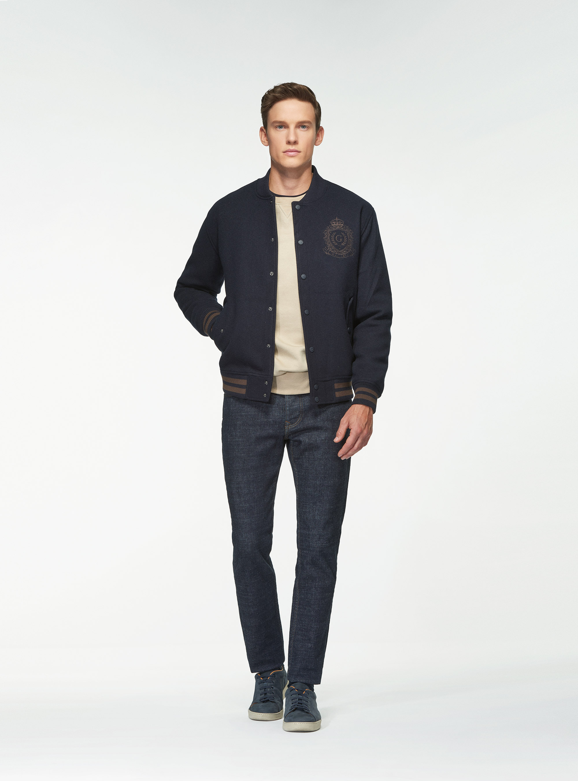 Bomber in panno con ricamo, BLU NAVY