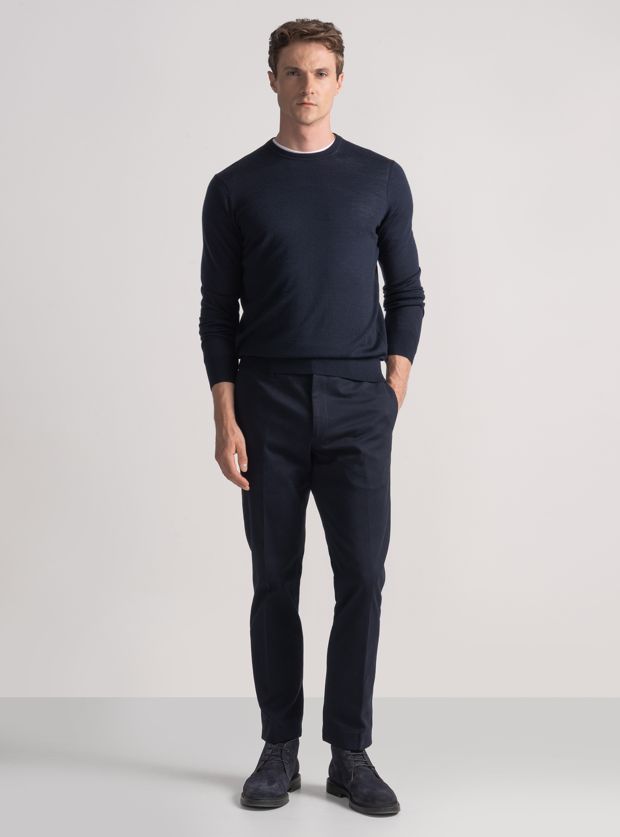 Punto de cuello redondo de pura lana merina extrafina, AZUL MARINO