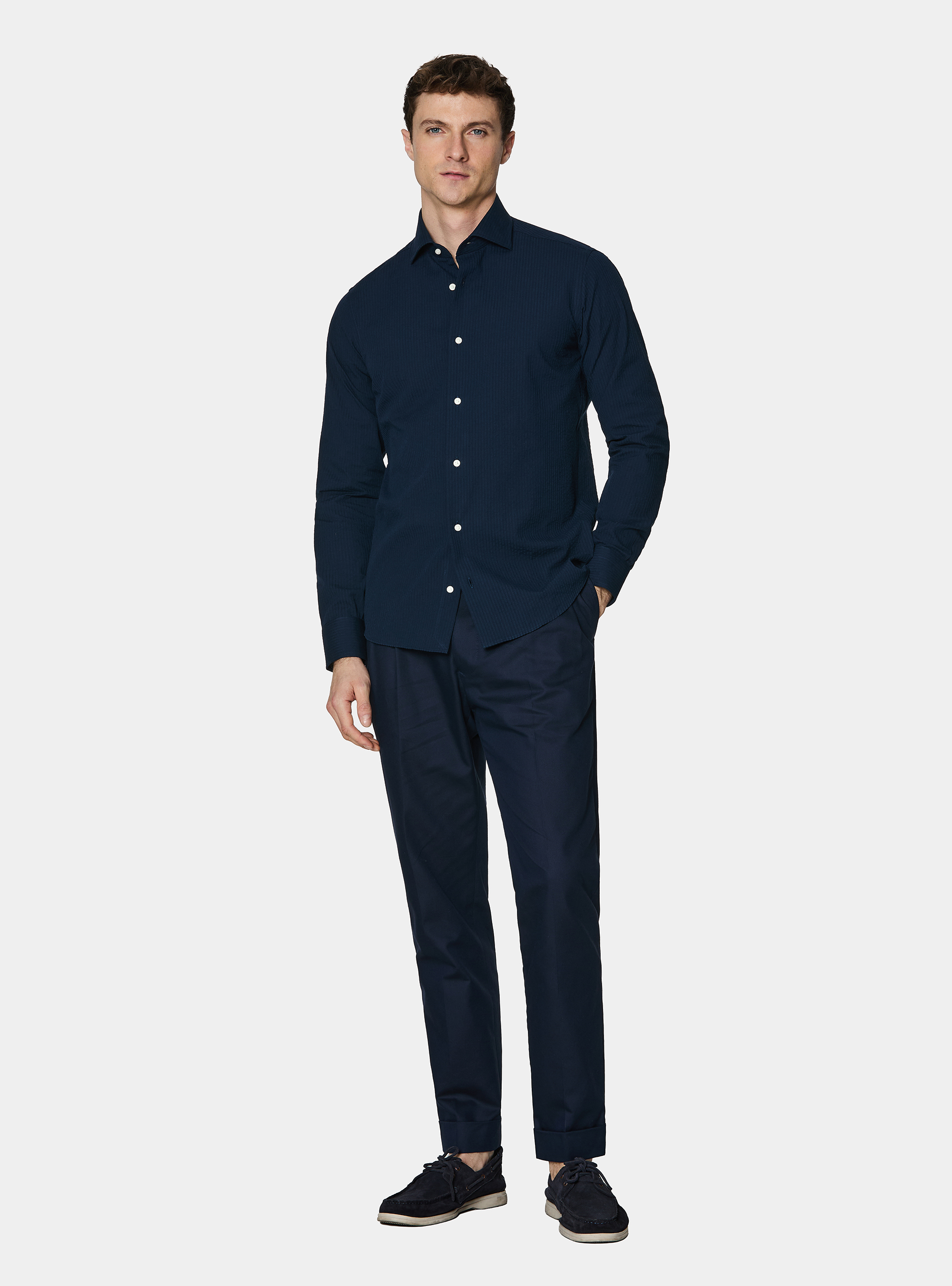 Camicia in cotone seersucker, BLU NAVY