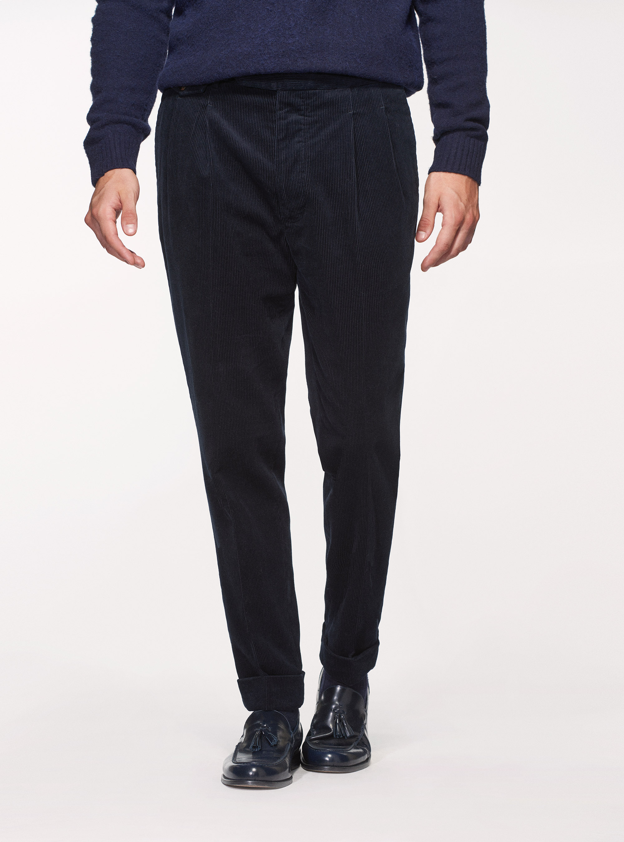 Pantaloni in velluto di cotone con cinturino laterale, BLU NAVY