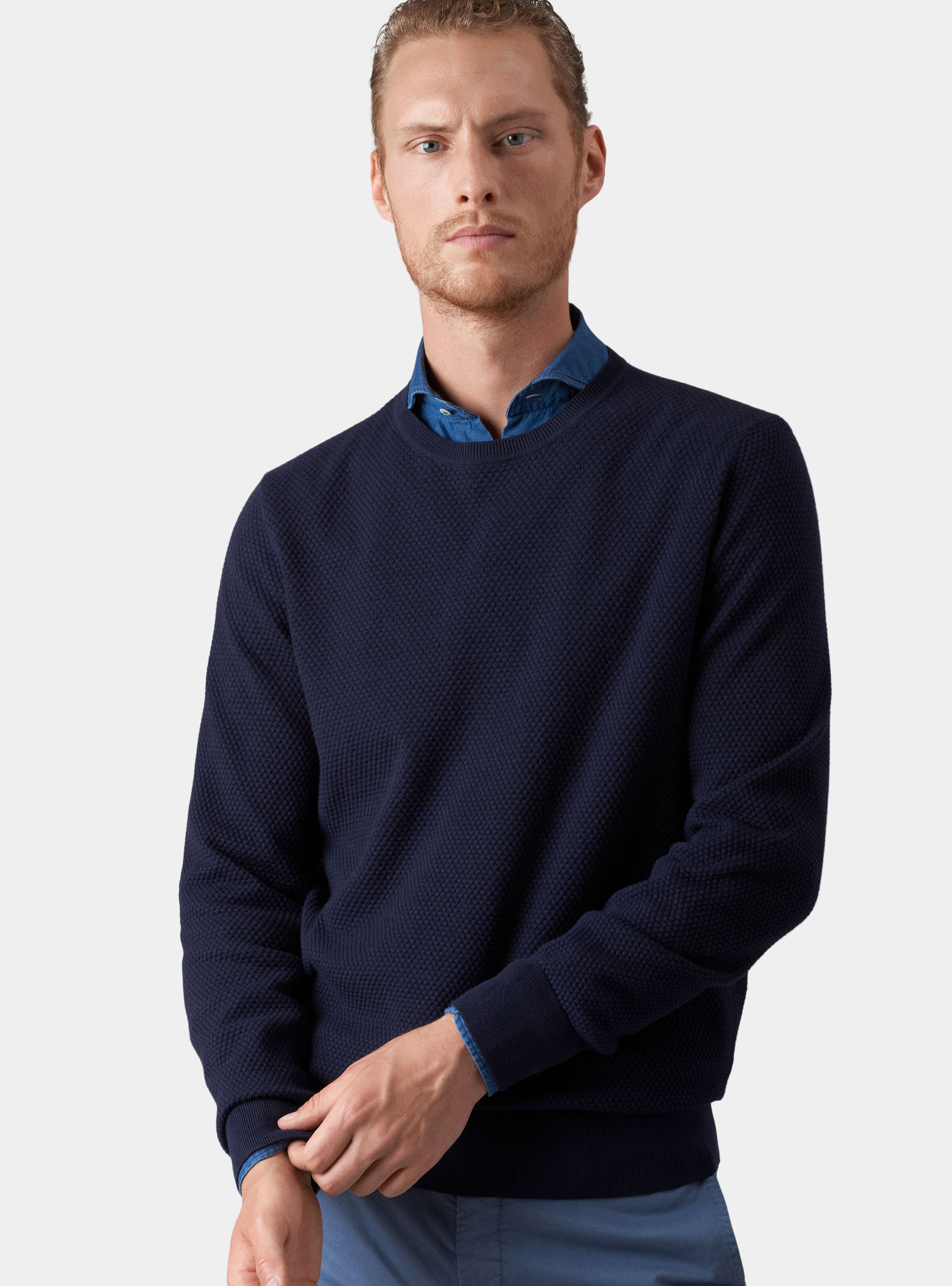 Maglia con collo rotondo in cotone e cashmere, BLU NAVY