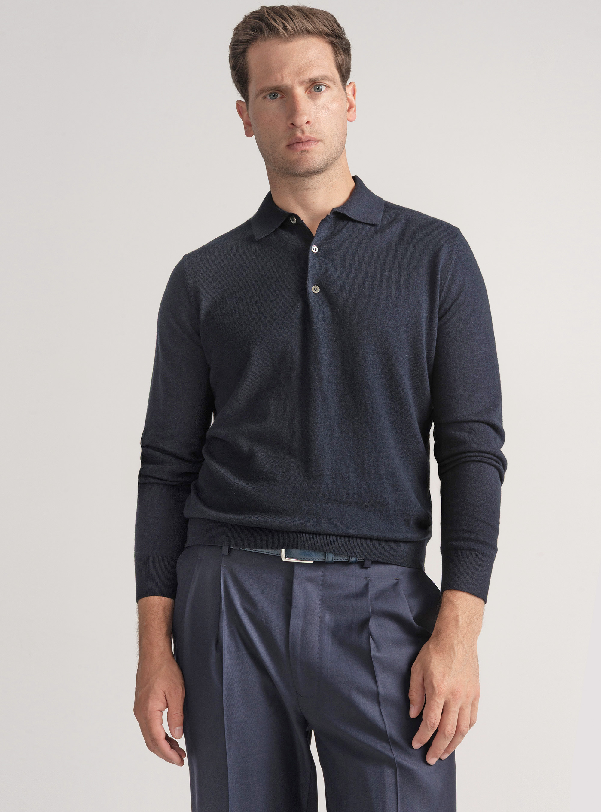 Polo in maglia di cotone e cashmere, BLU NAVY
