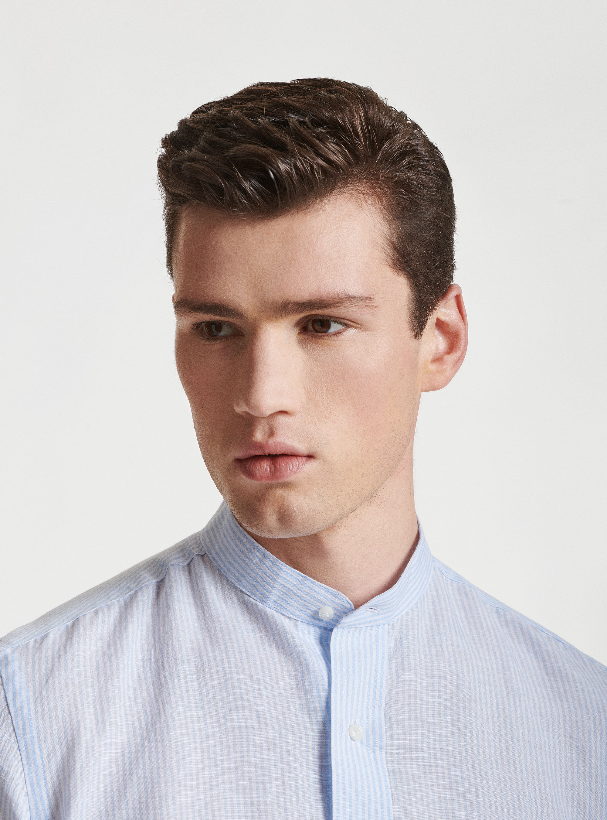 Camisa de cuello coreano en lino y algodón, CELESTE