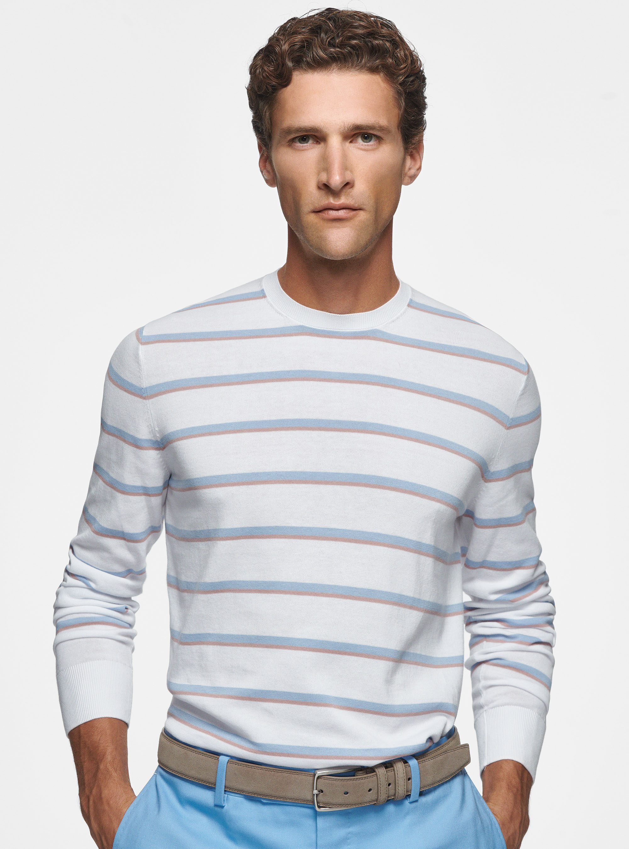 Crew-neck sweater in striped cotton, WHITE