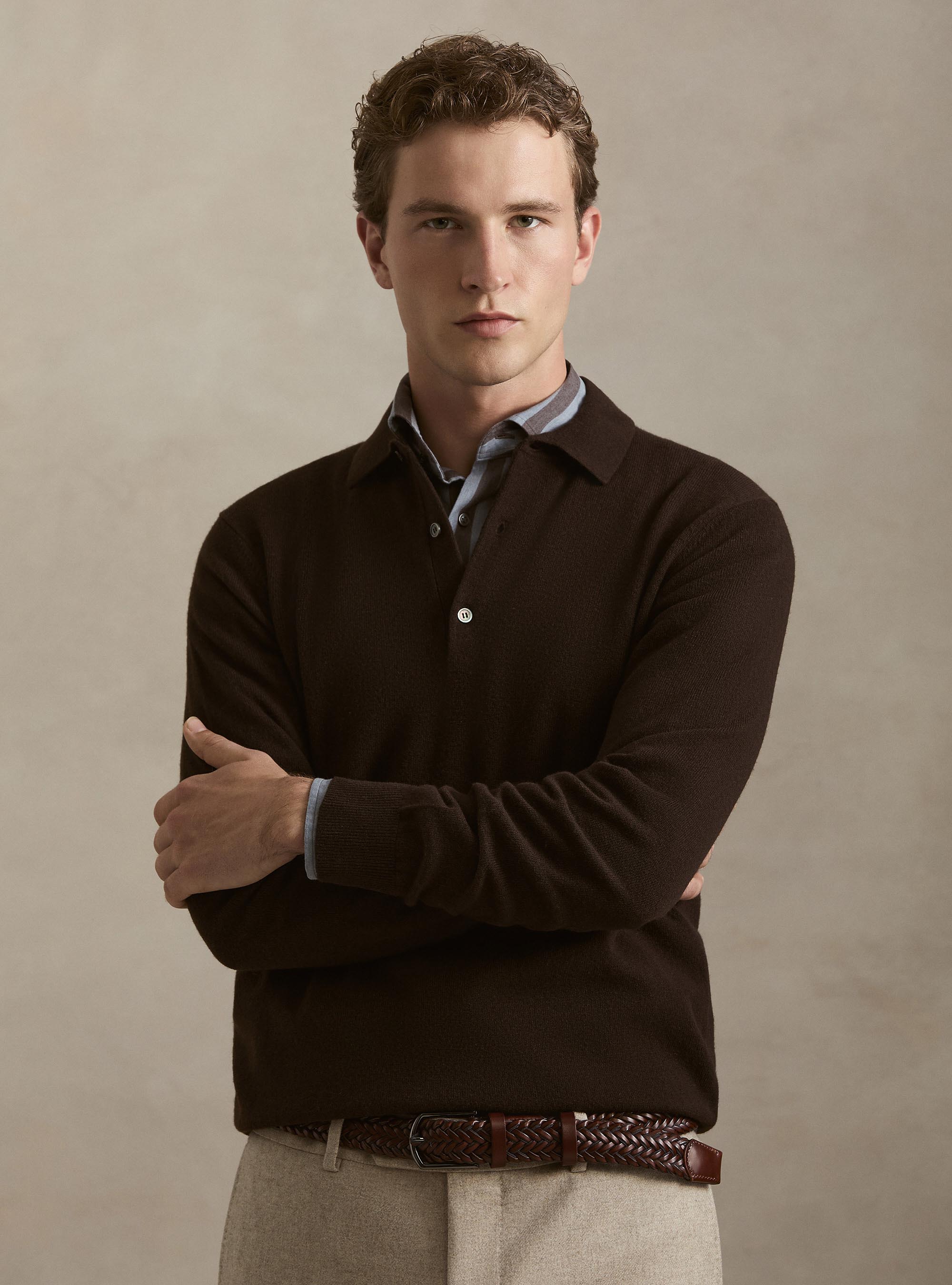 Maglia a polo in lana e cashmere, MARRONE