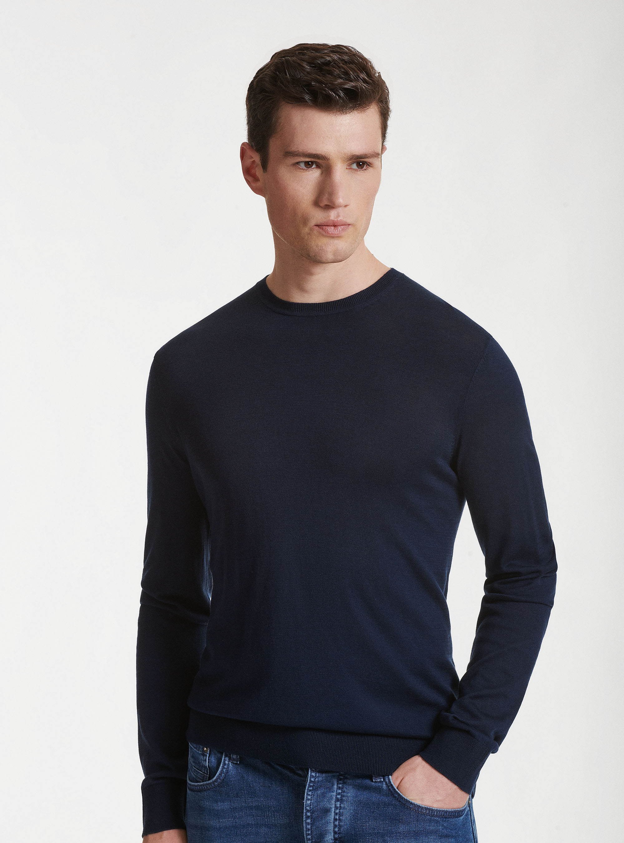 Maglia girocollo in seta e cotone, BLU NAVY