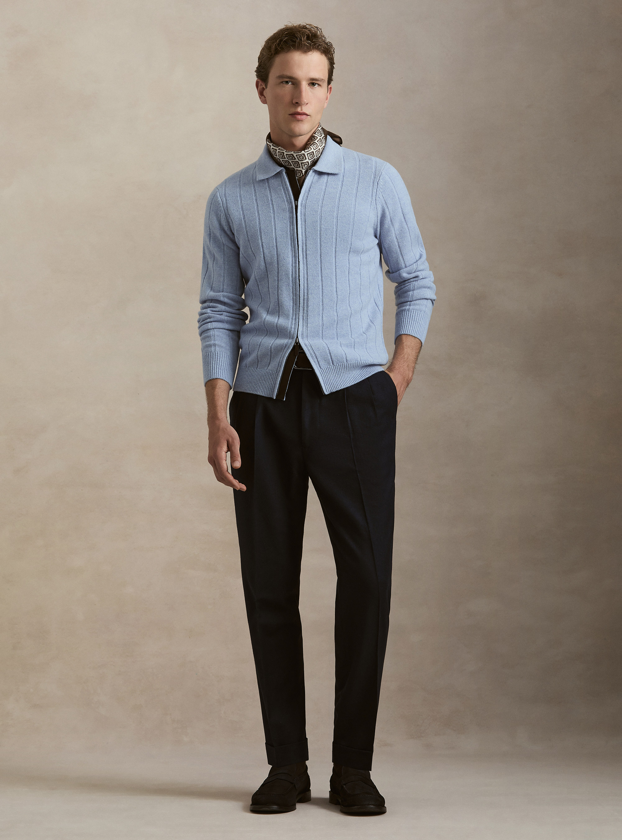 Full-zip wool-cashmere flat-ribbed sweater, AZZURRO POLVERE 0283C