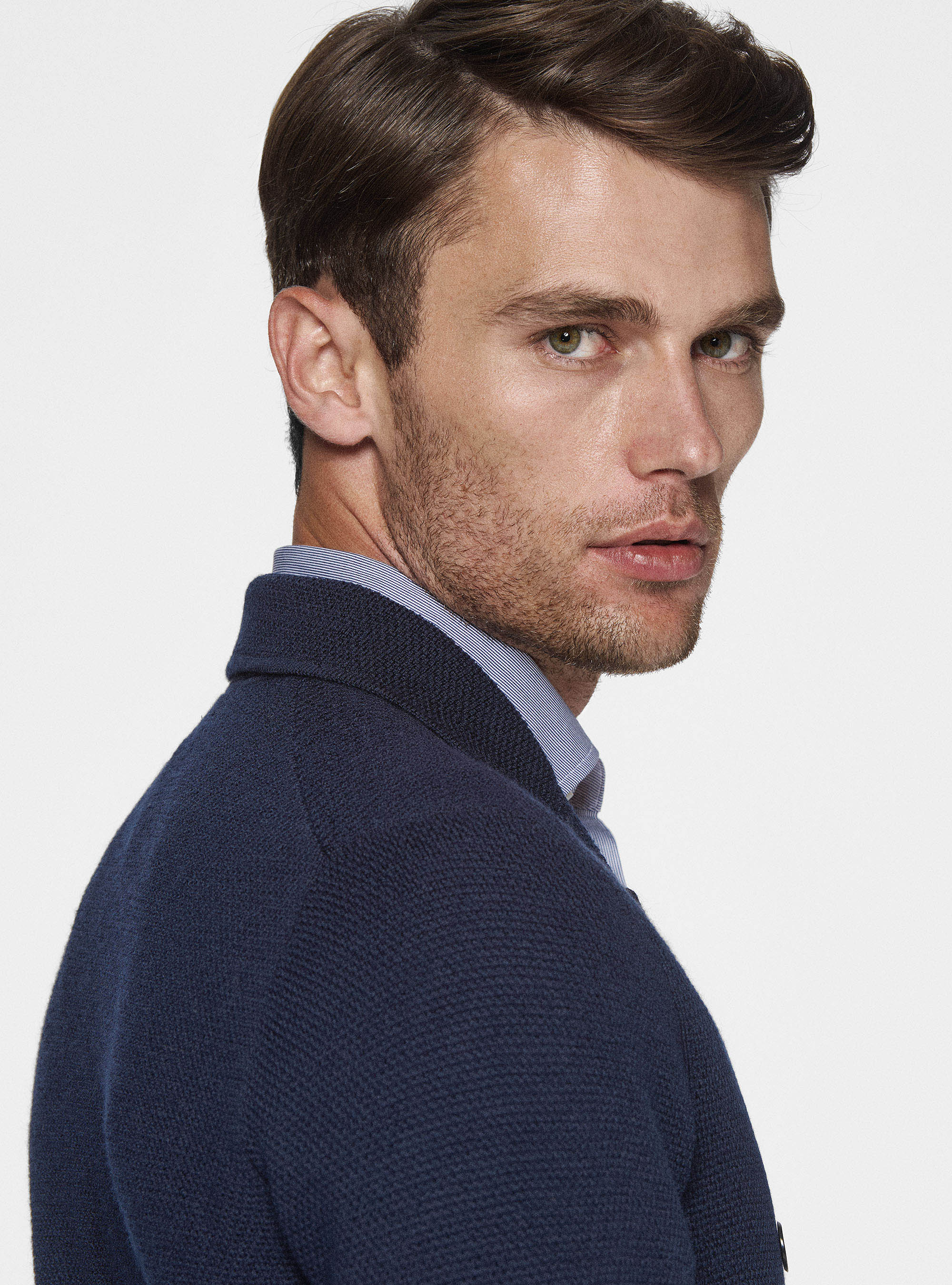 Double-breasted knitted blazer in pure wool, NAVY BLUE