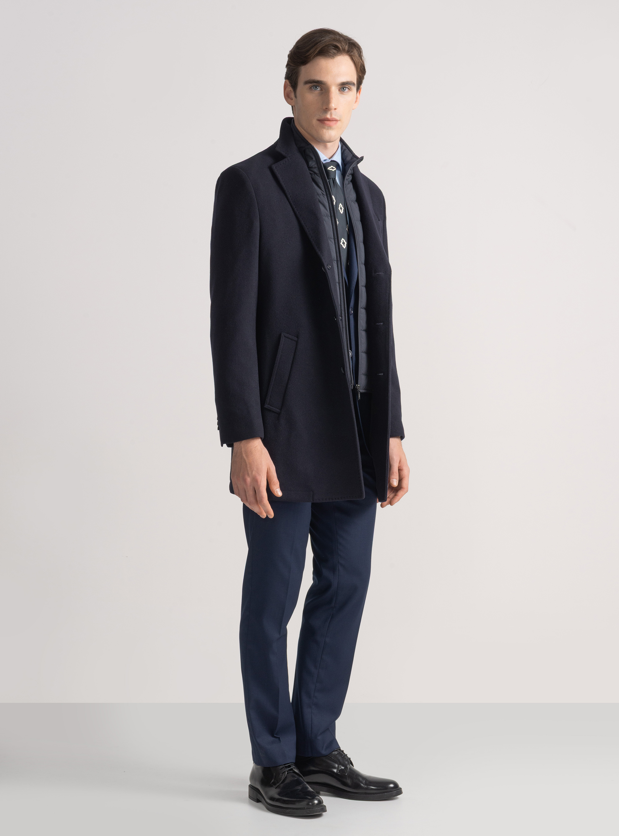 Manteau à bavette en laine mélangée, BLEU MARINE