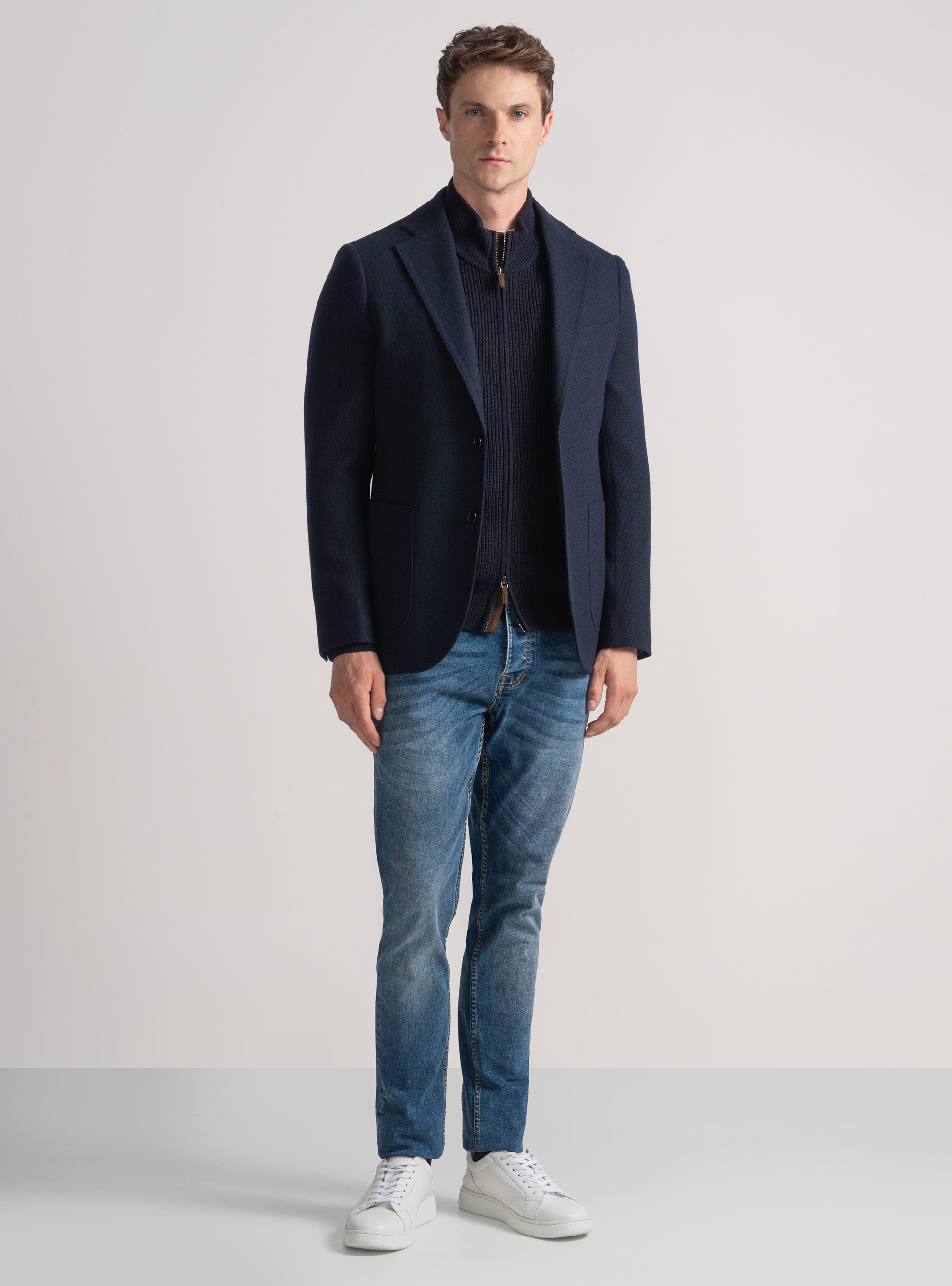 Veste en coton, laine et cachemire, BLEU MARINE