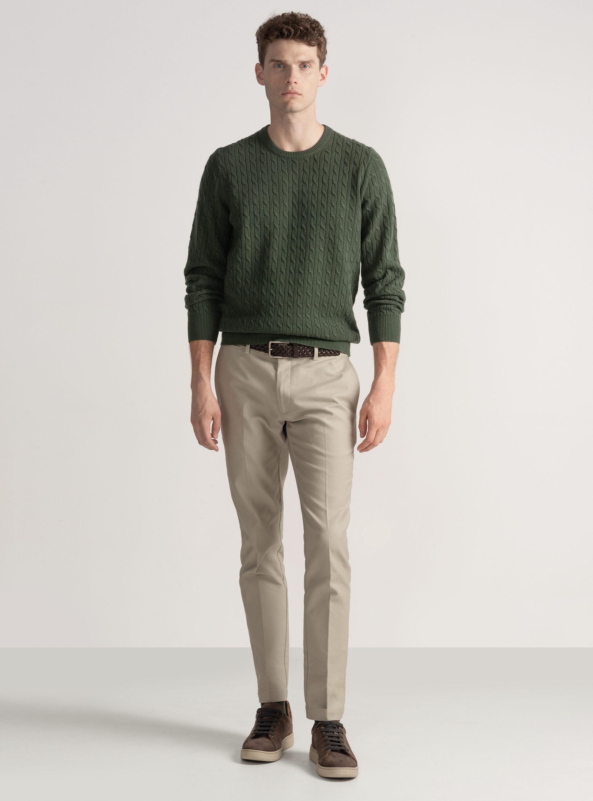 Maglia girocollo con treccia in lana e cashmere, MILITARE 0609C