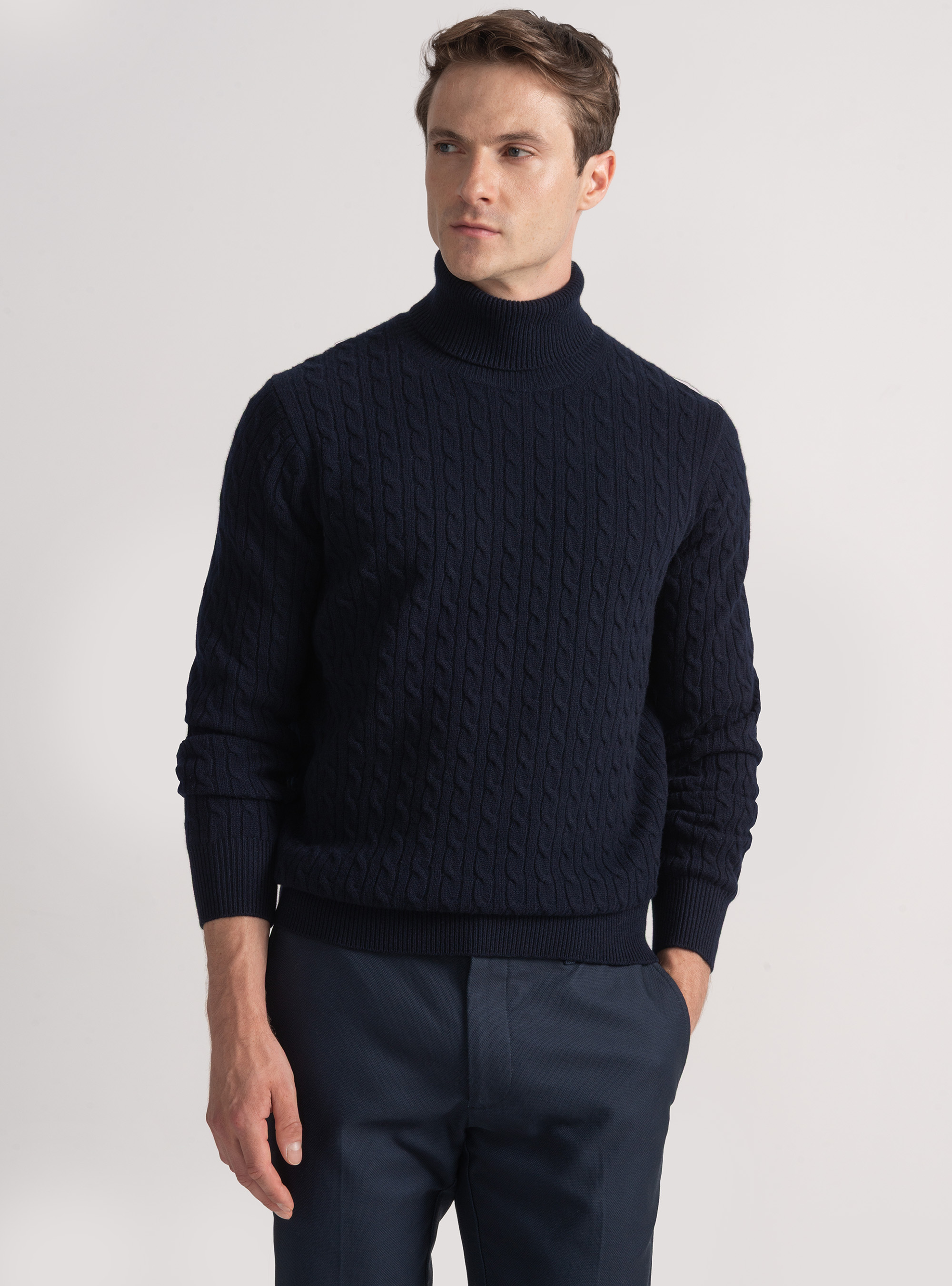 Turtleneck sweater with cashmere wool braid, NAVY BLUE