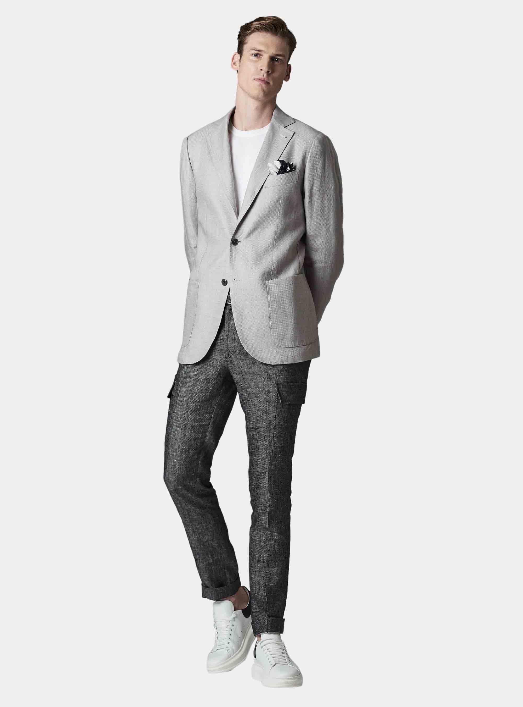 Giacca slim fit in hopsack di puro lino, GRIGIO CHIARO