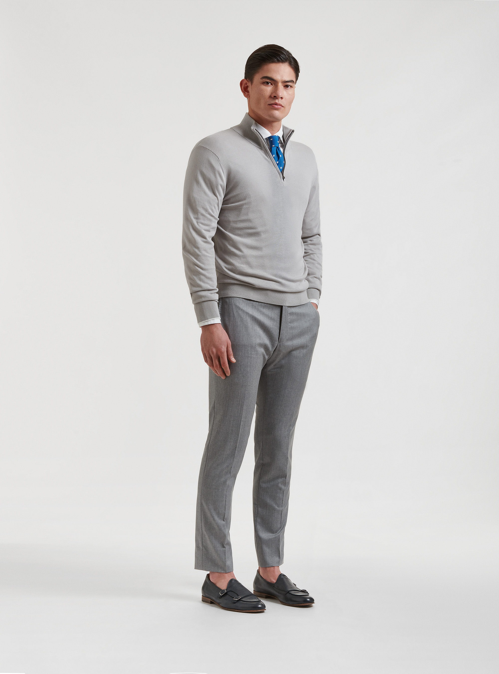 Jersey de algod&oacute;n extrafino con media cremallera, GRIS CLARO JASPEADO