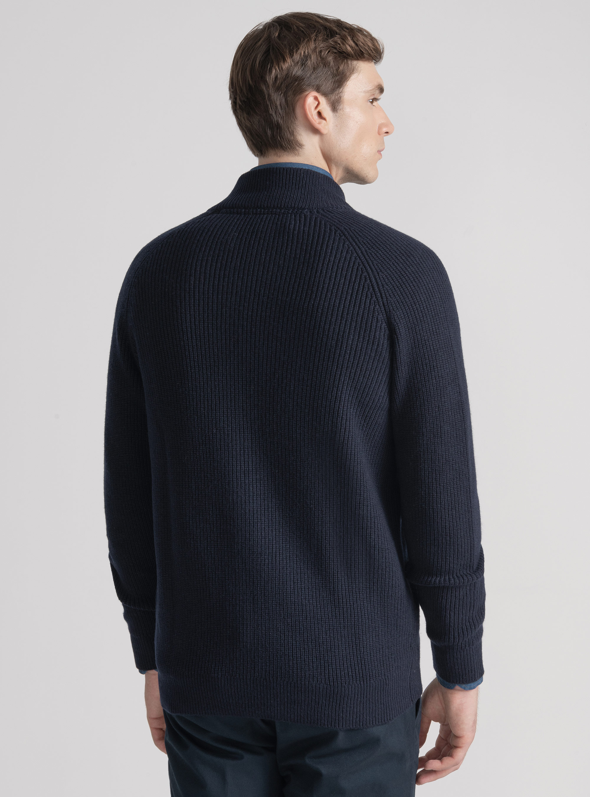 Cardigan con zip in maglia raglan in lana merino, BLU NAVY