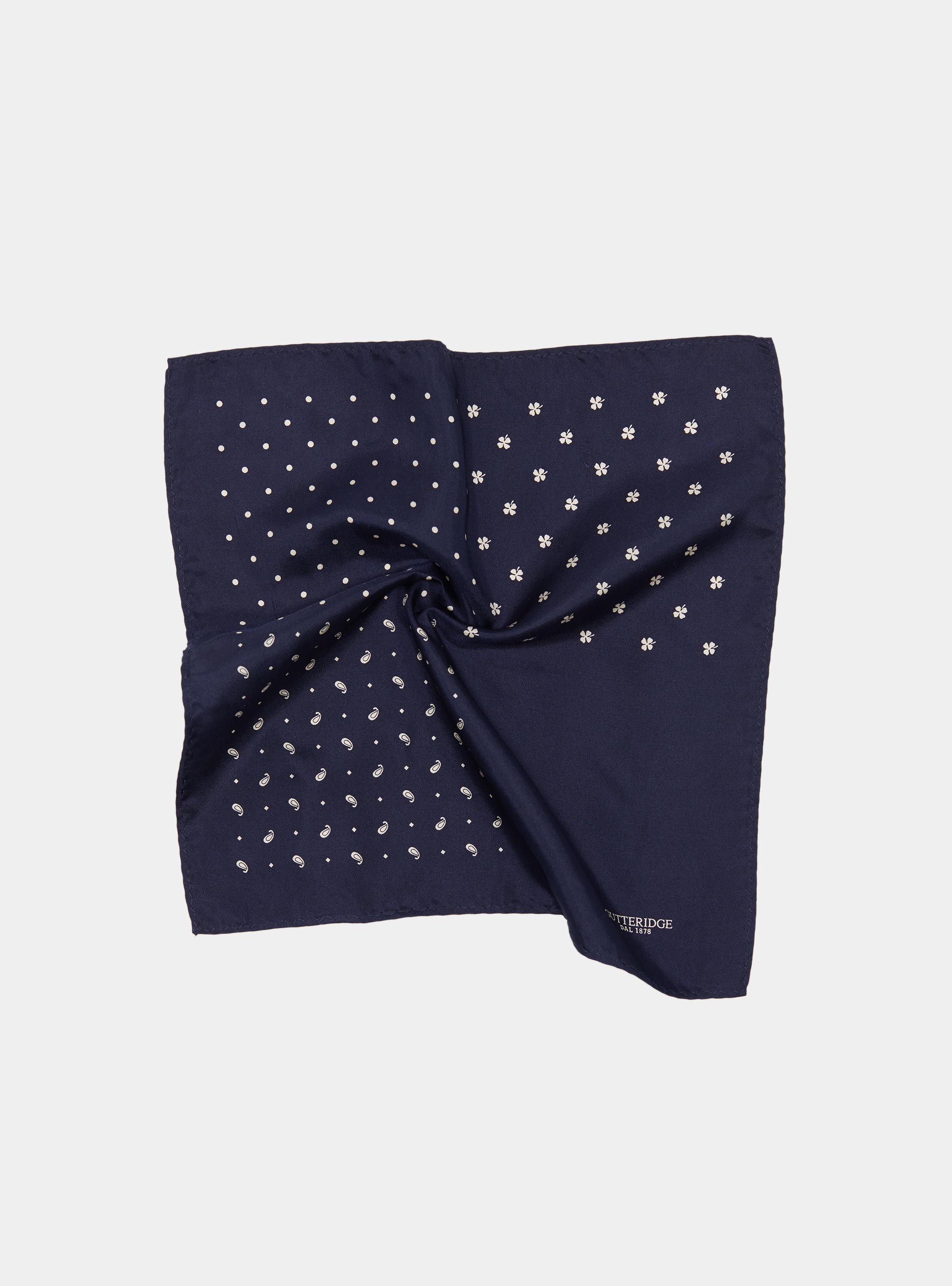 Printed patterned silk pocket square, NAVY BLUE