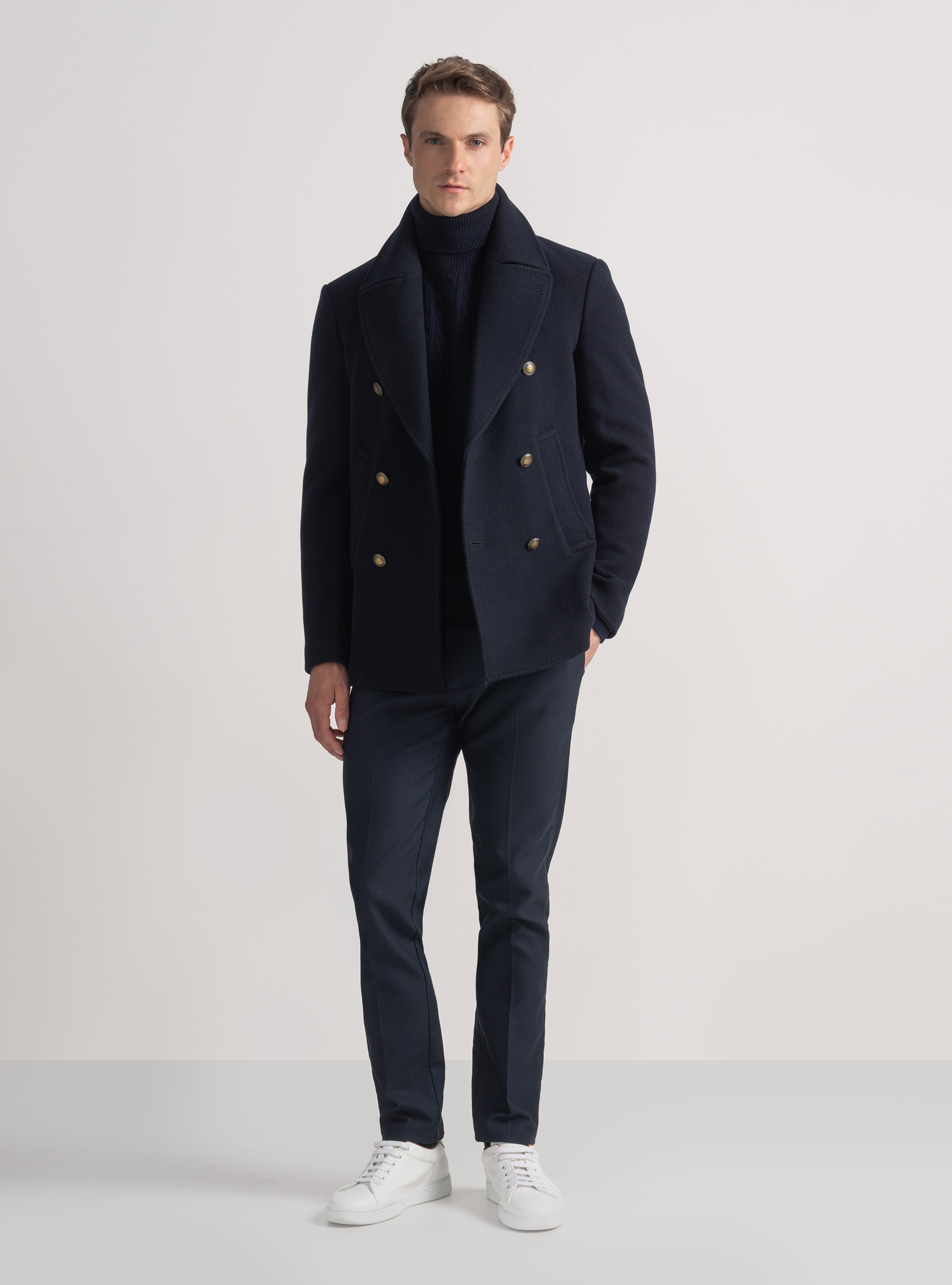 Peacoat in misto lana con bottone metallo, BLU NAVY