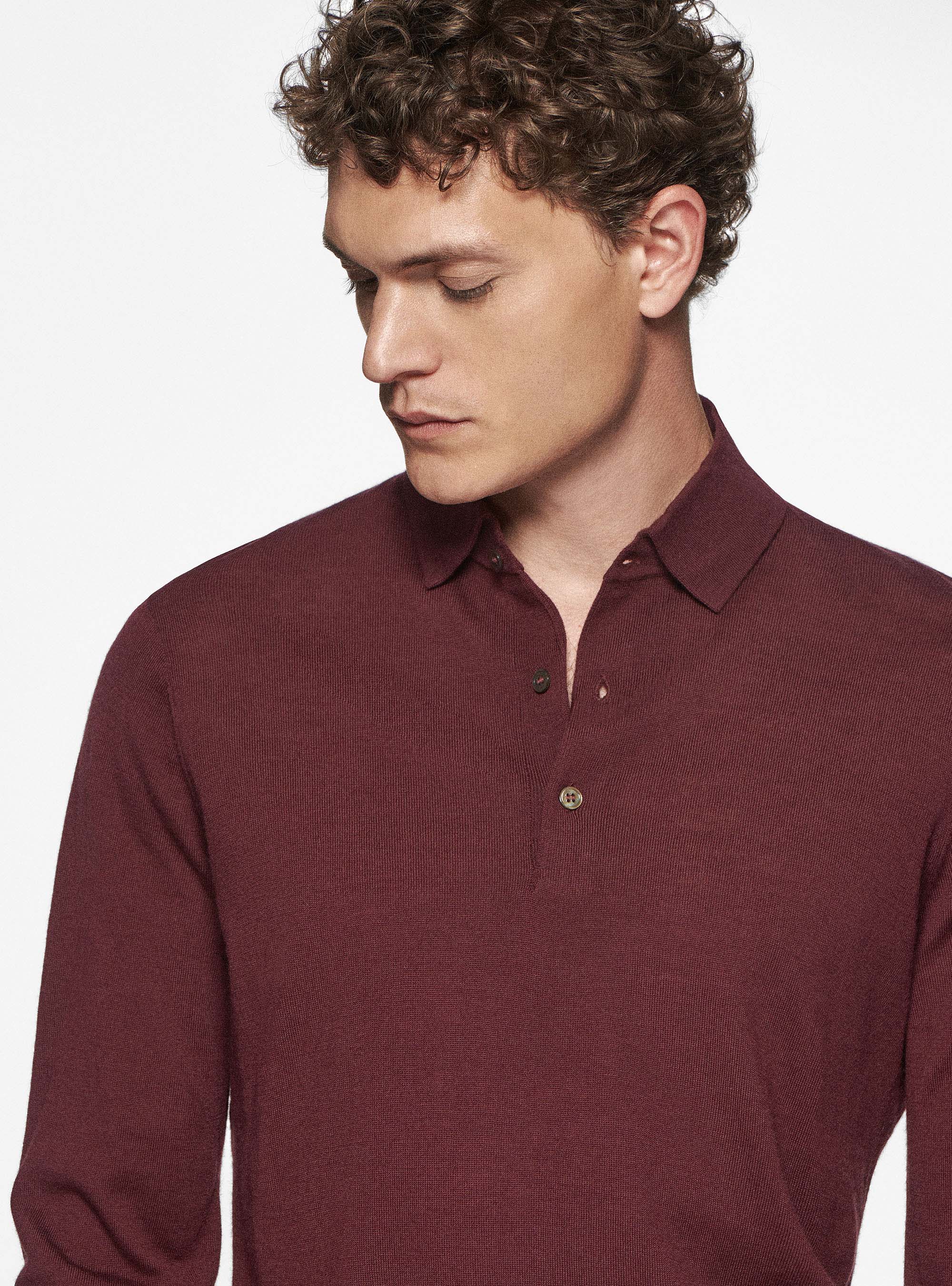 Polo shirt in pure extra-fine merino wool, BORDEAUX