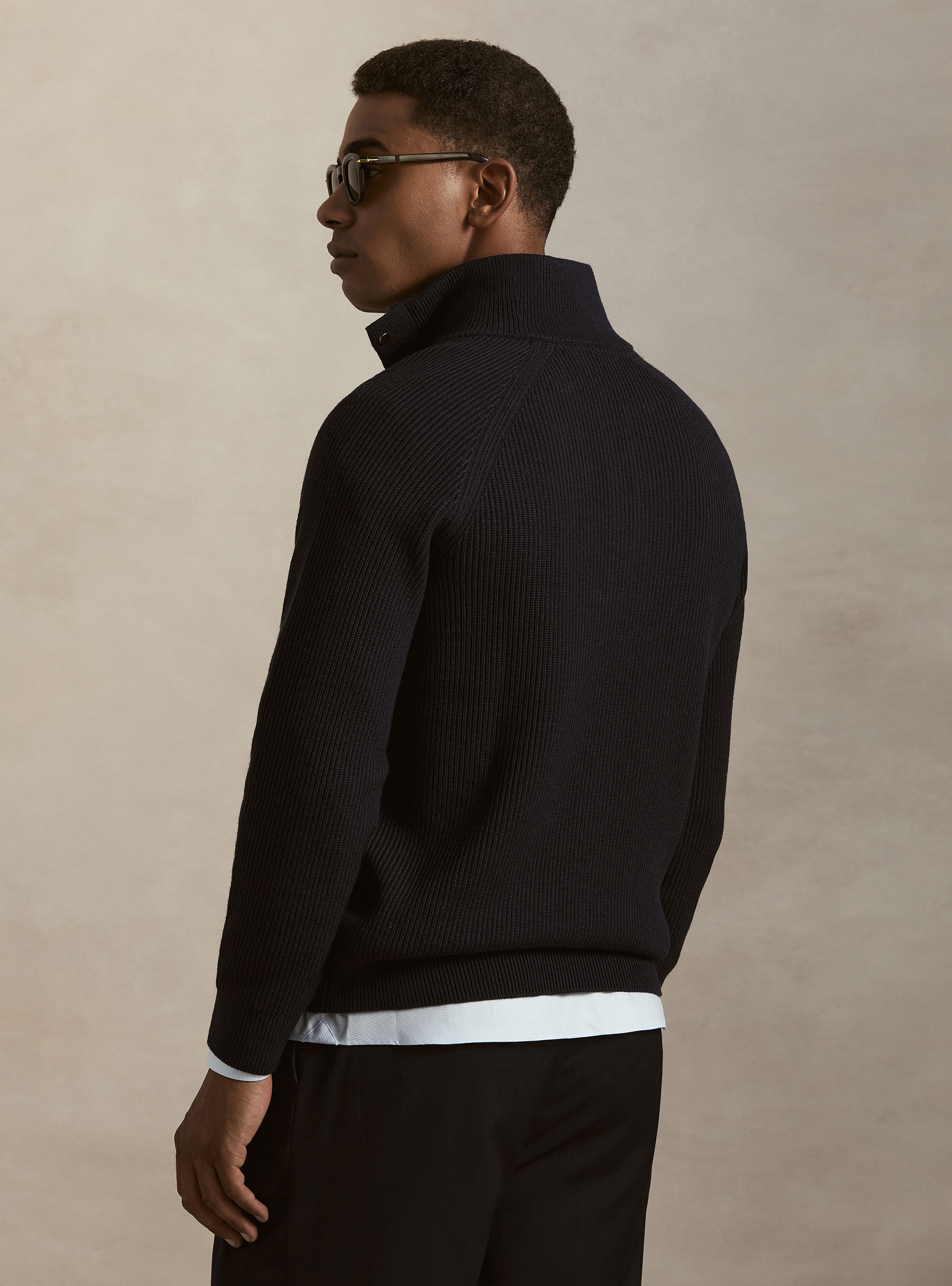 Half-zip ribbed wool and cotton sweater, NAVY BLUE