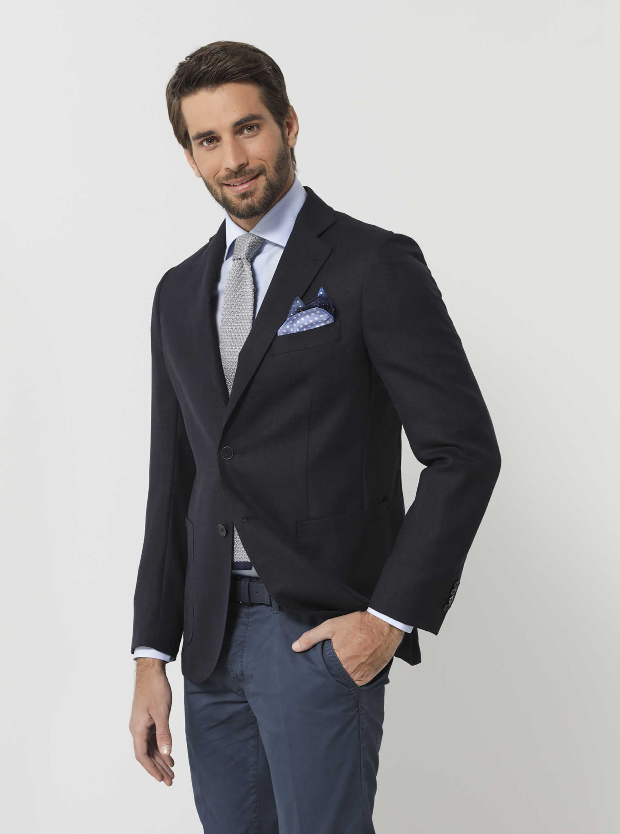 Camicia collo italiano in fil a fil di cotone, AZZURRO