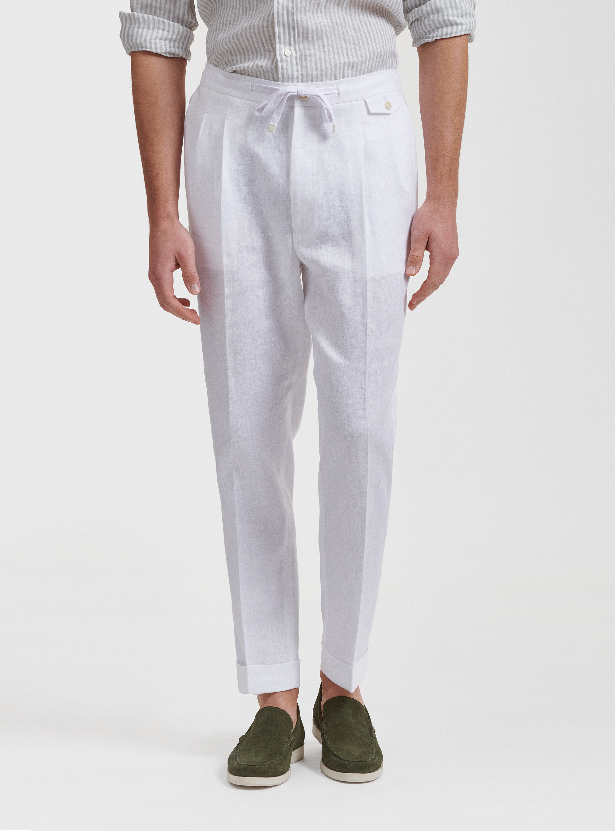 Linen pleated and drawstring trousers, WHITE