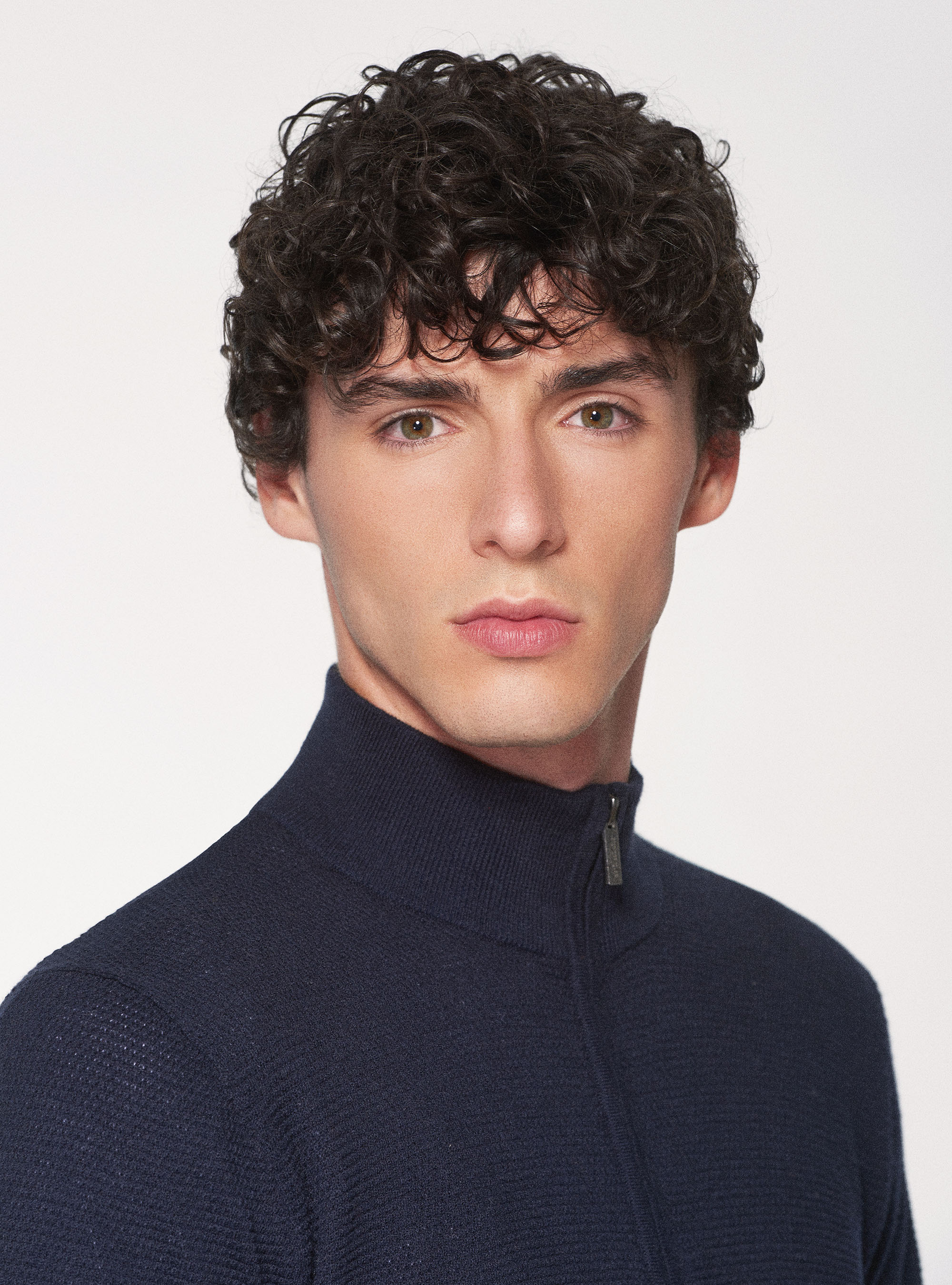 Maglia mezza zip in cotone cashmere punto riso, BLU NAVY