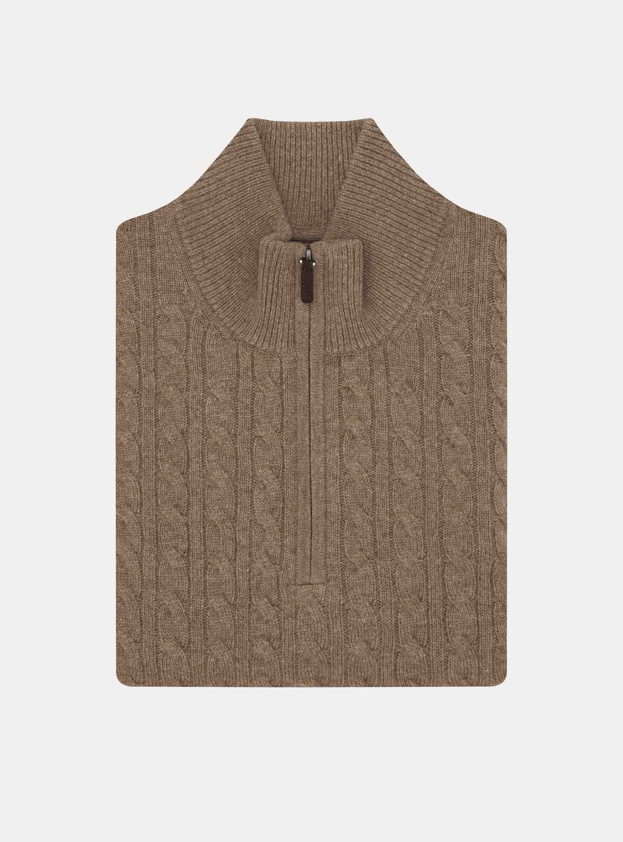 Maglia lupetto a trecce in lana e cashmere, FANGO
