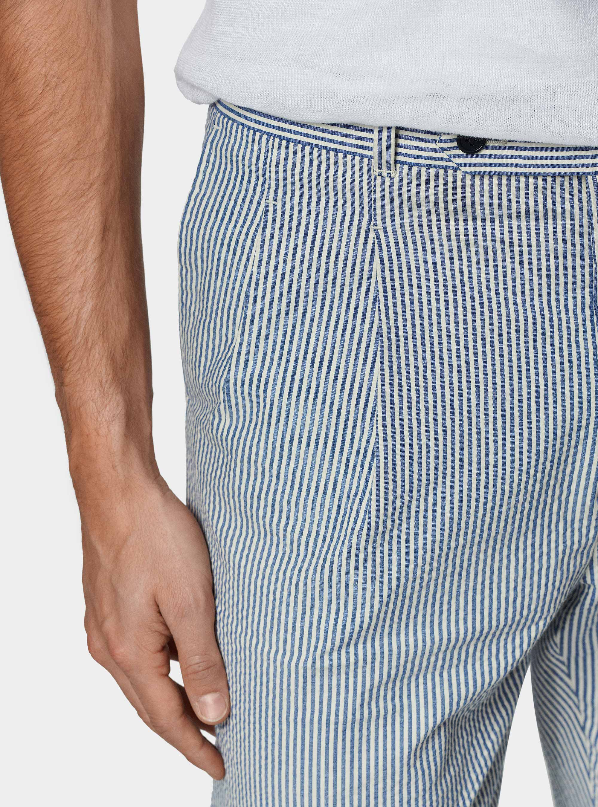 Double pleat cotton seersucker trousers, BLUE