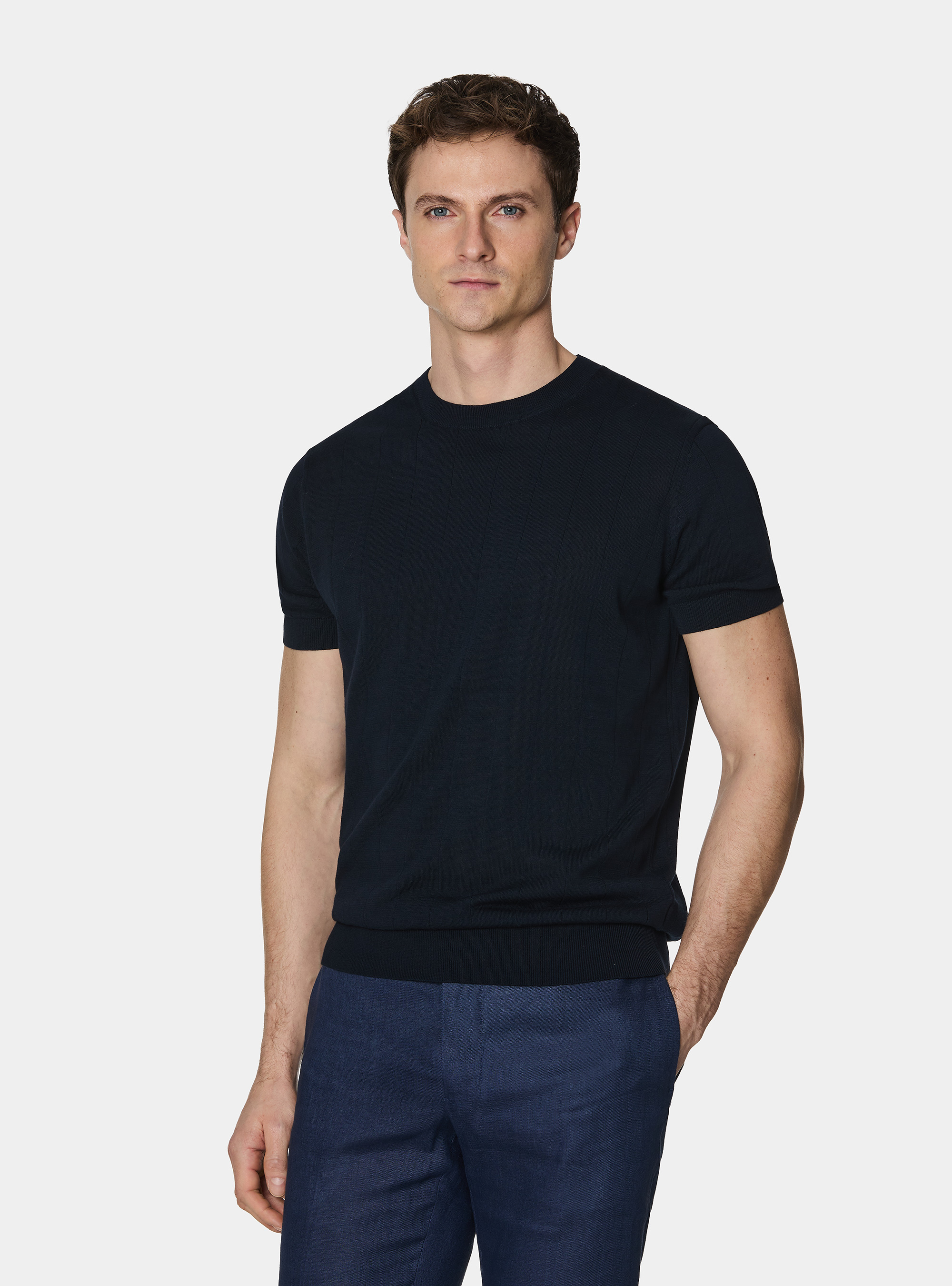 Maglia in puro cotone costa piatta, BLU NAVY