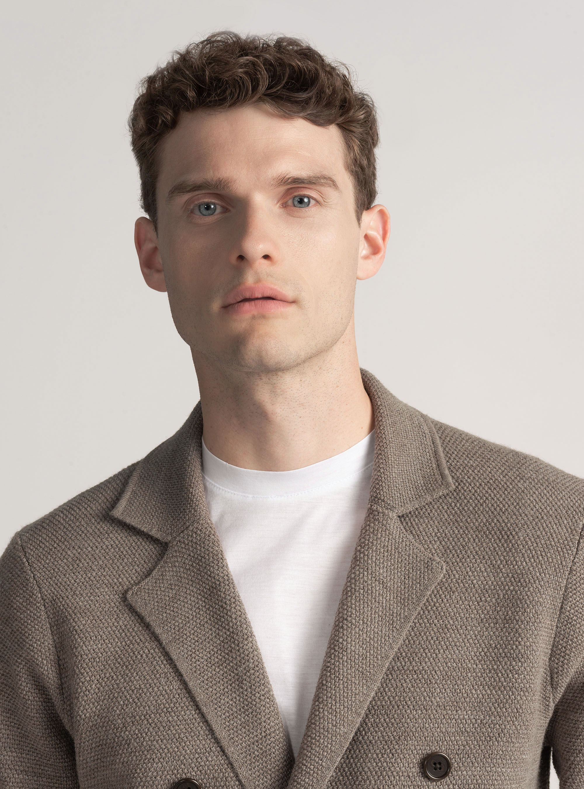 Giacca in maglia doppiopetto in lana merino, FANGO