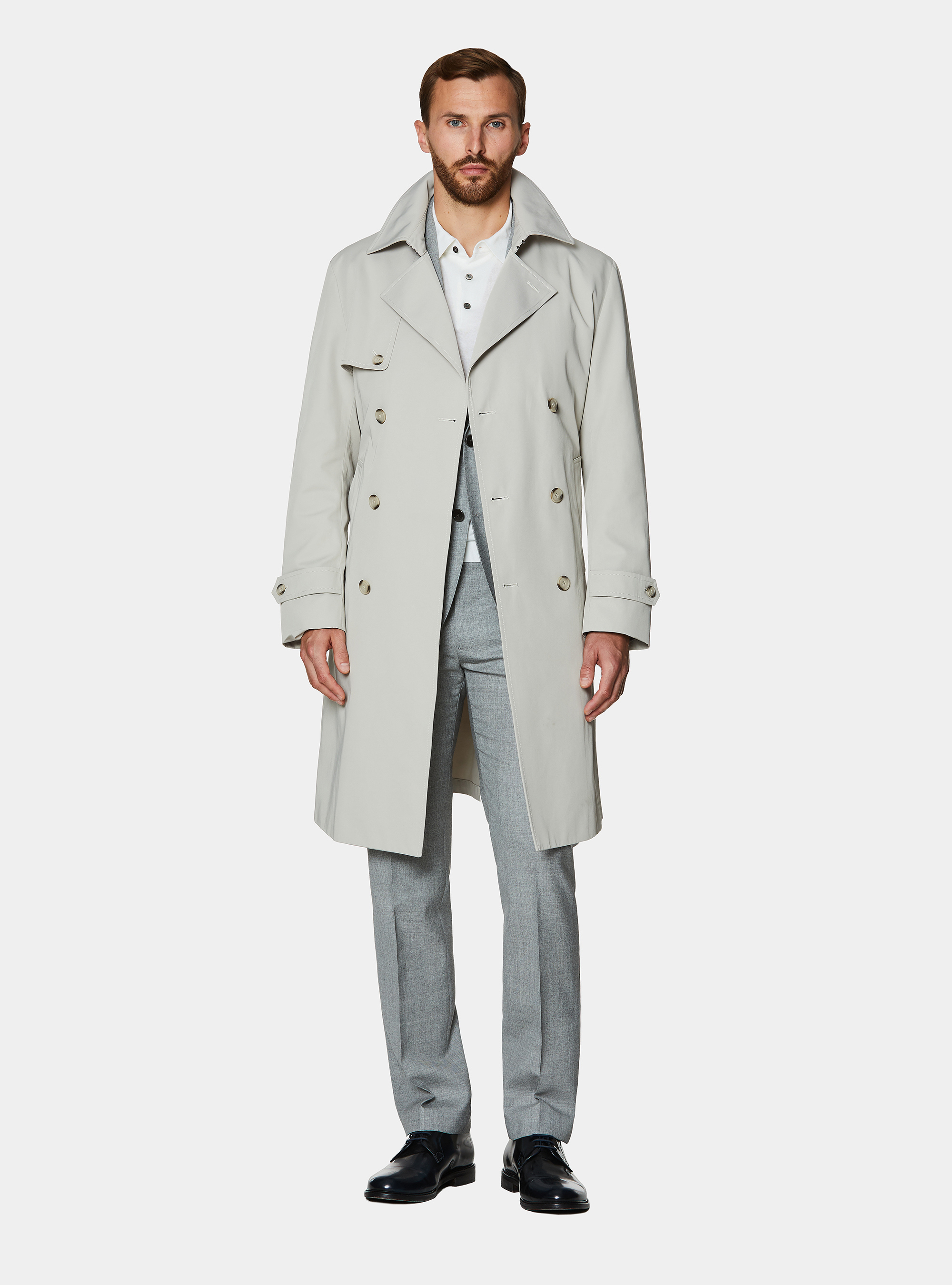 Trench doble botonadura de sarga de algod&oacute;n, CRUDO