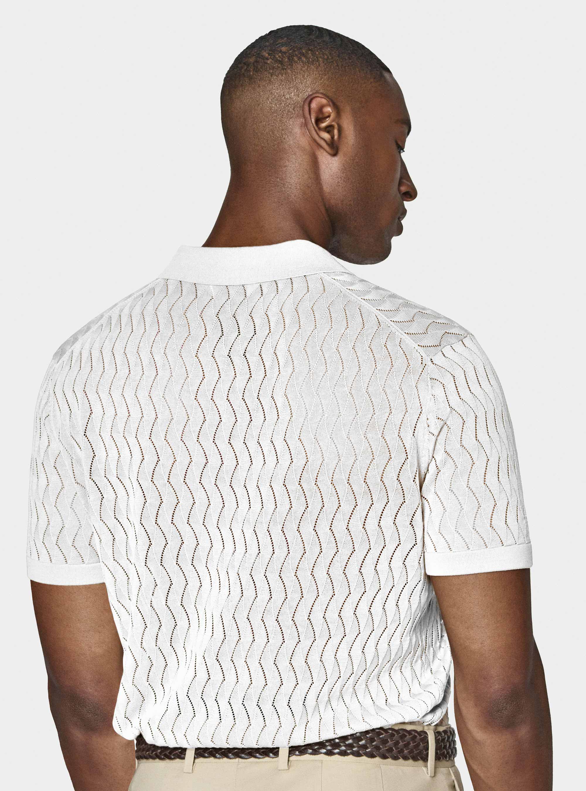 Polo in maglia traforata senza bottoni in cotone e seta, BIANCO