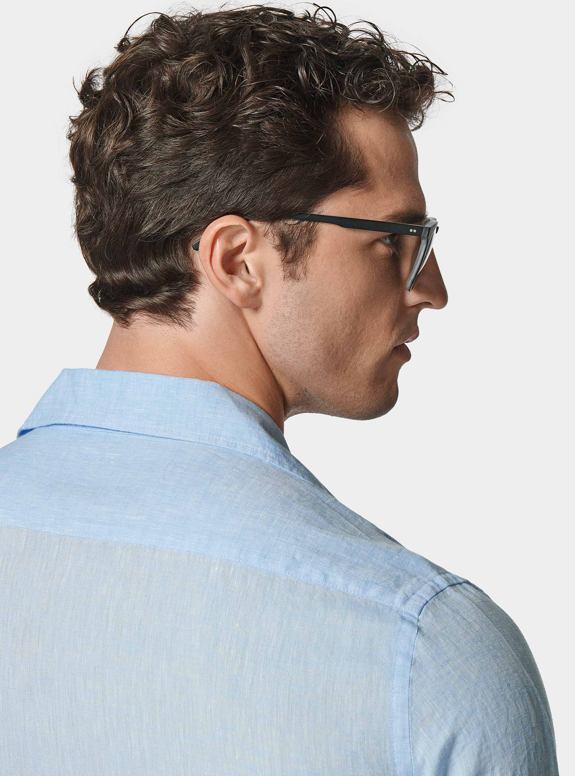 Camisa bowling de lino puro con grandes bolsillos, CELESTE