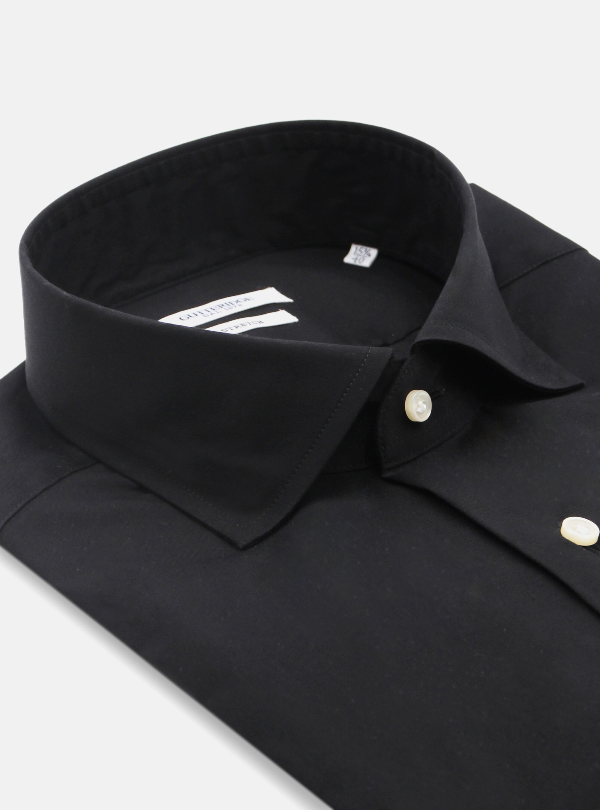 Camicia in cotone popeline stretch con collo francese semiaperto, NERO