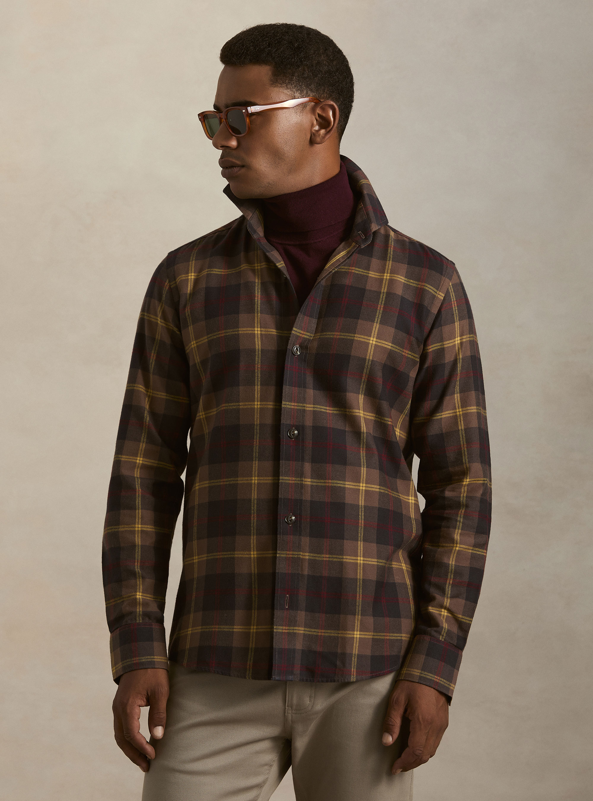 Relaxed-fit checked cotton-blend shirt, BROWN