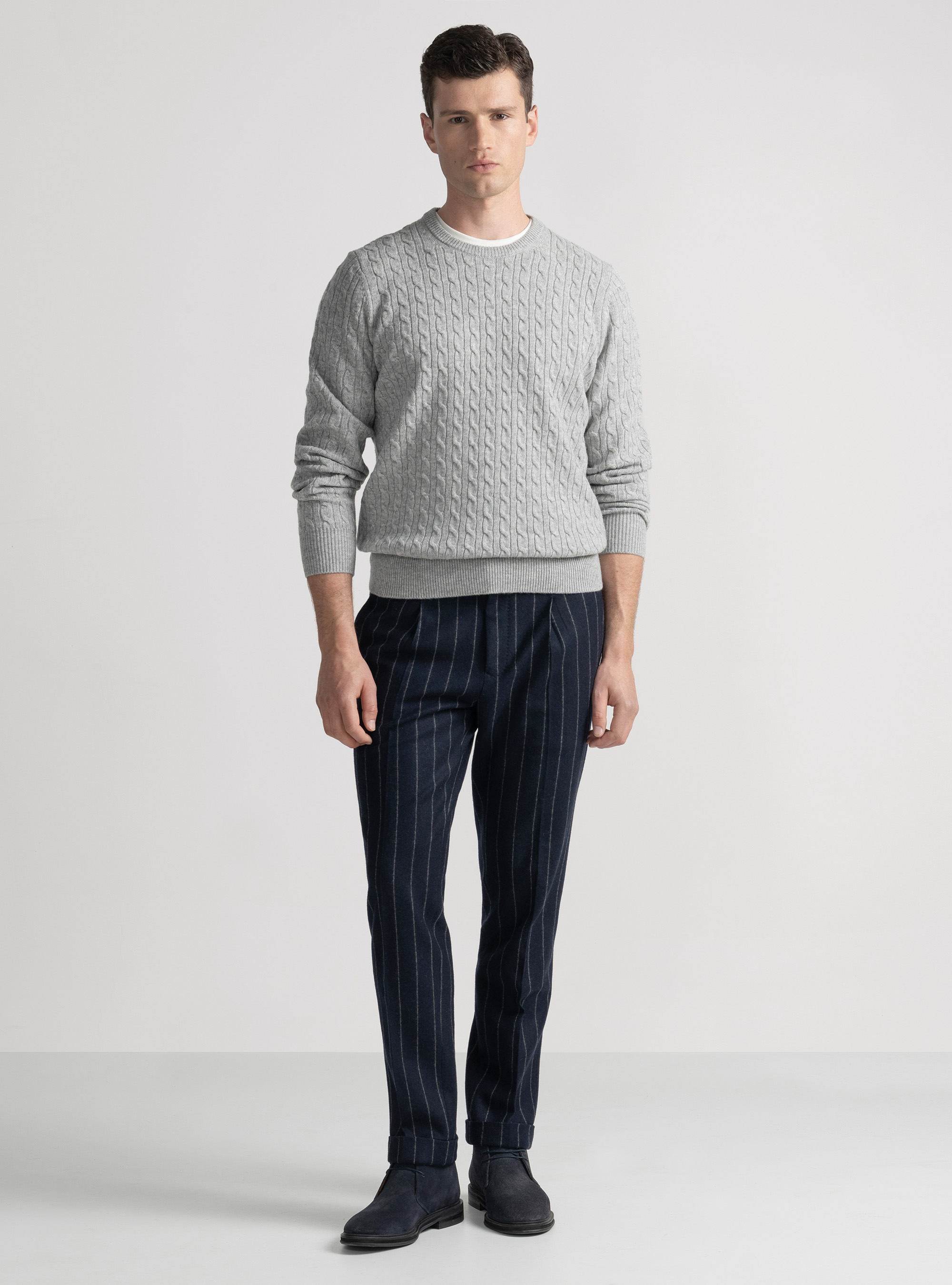 Crew-neck sweater with wool and cashmere braid, LIGHT GREY MELANGE
