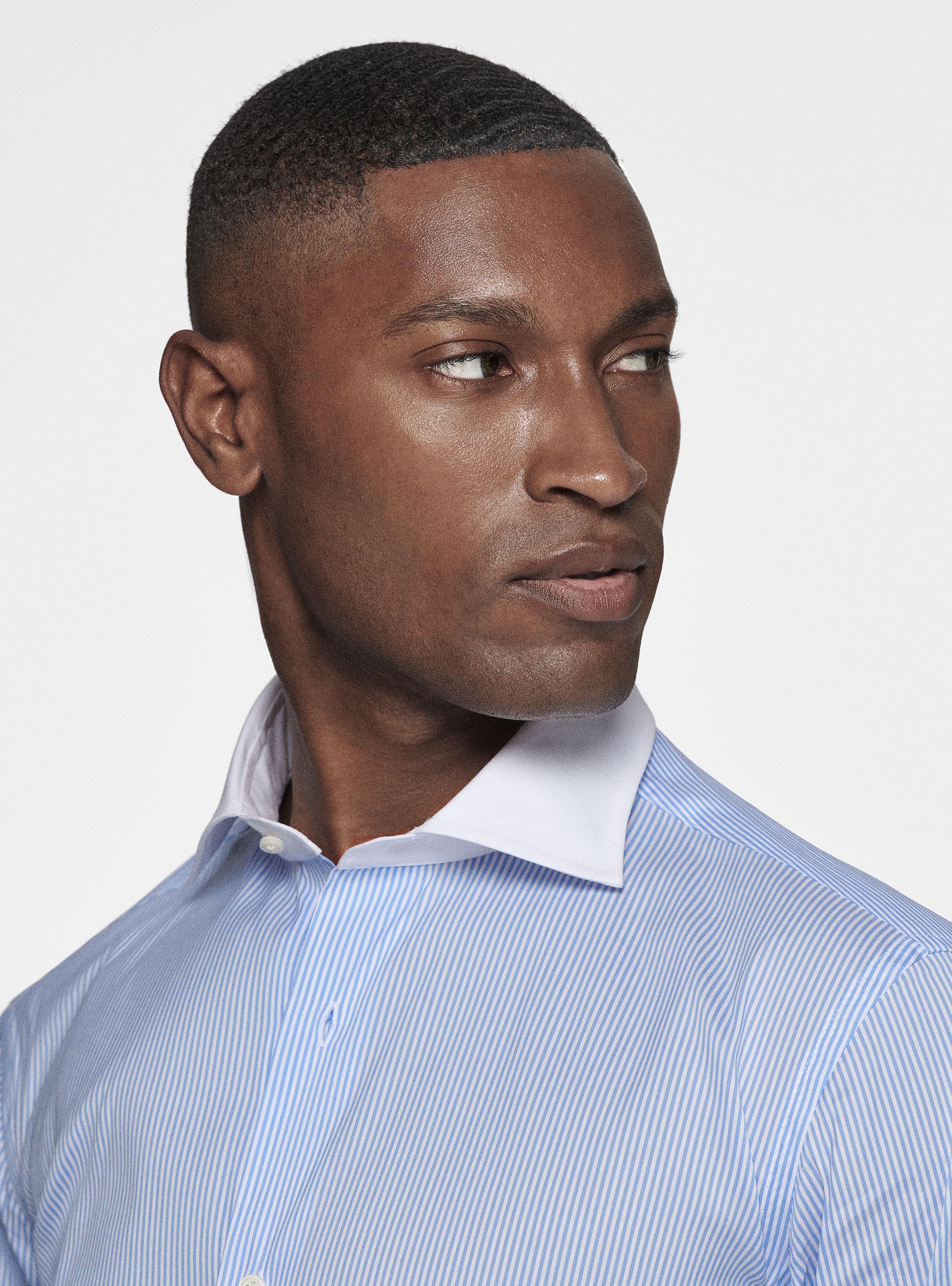 Camicia rigata in popeline stretch con contrasto, AZZURRO