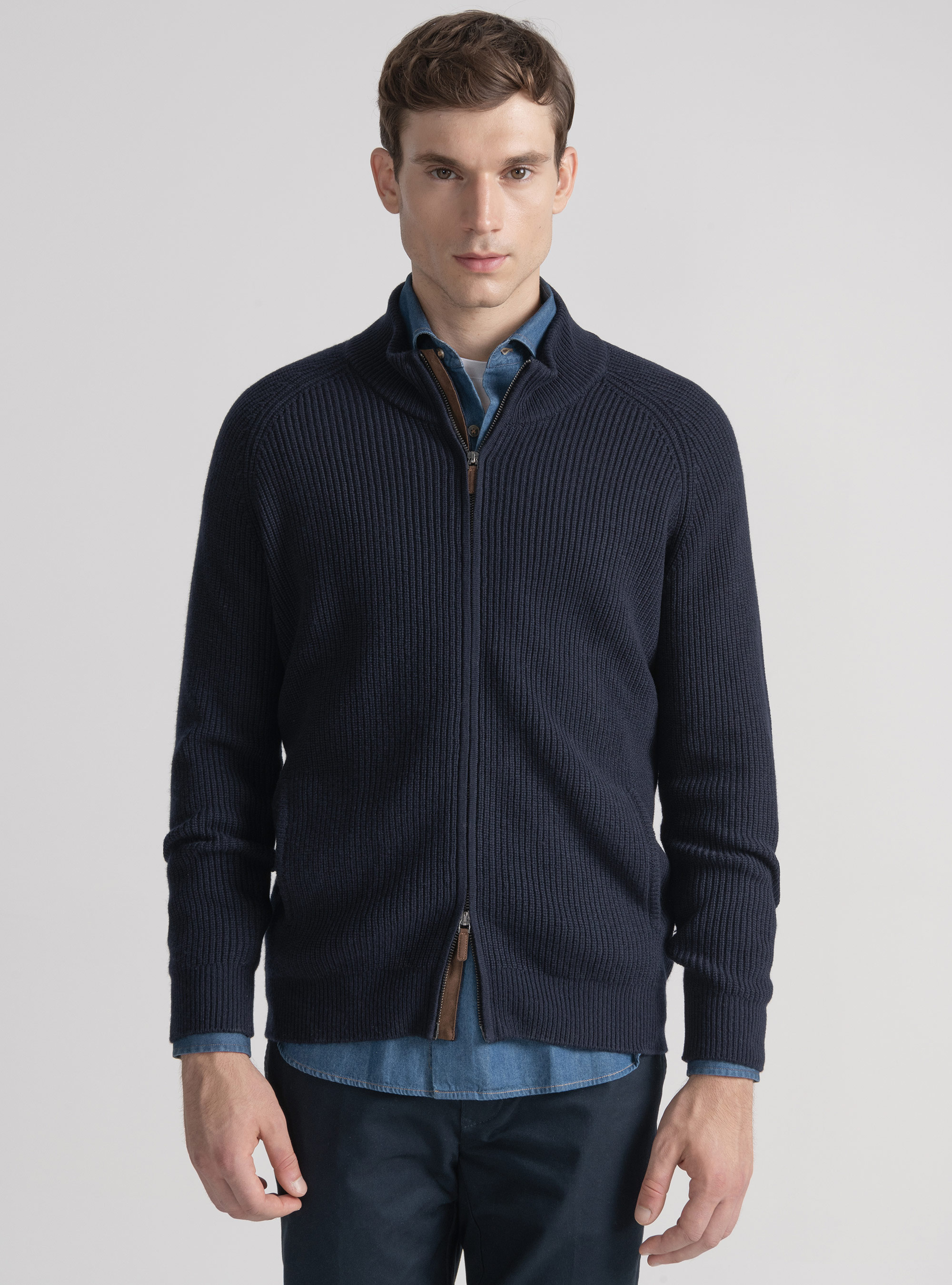 Cardigan con zip in maglia raglan in lana merino, BLU NAVY