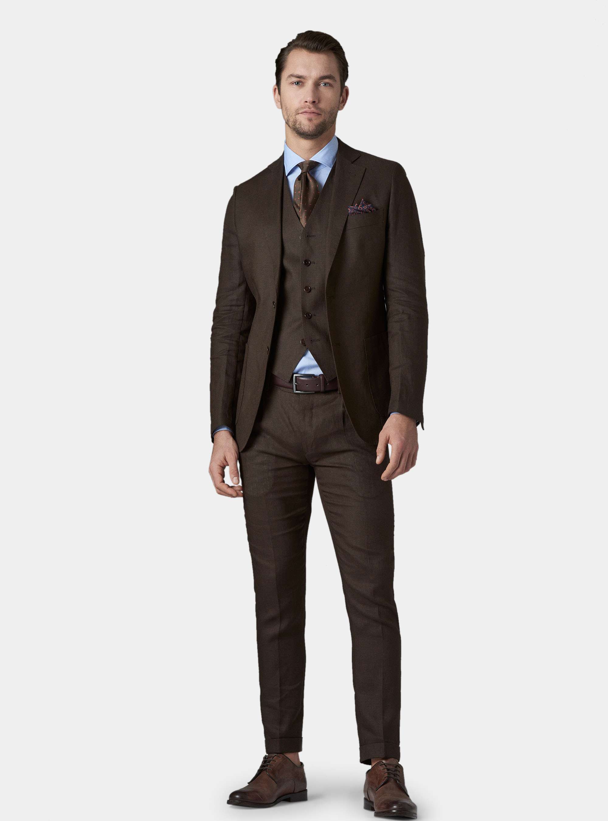 Pantalone con pince per abito in lino ritorto, MARRONE