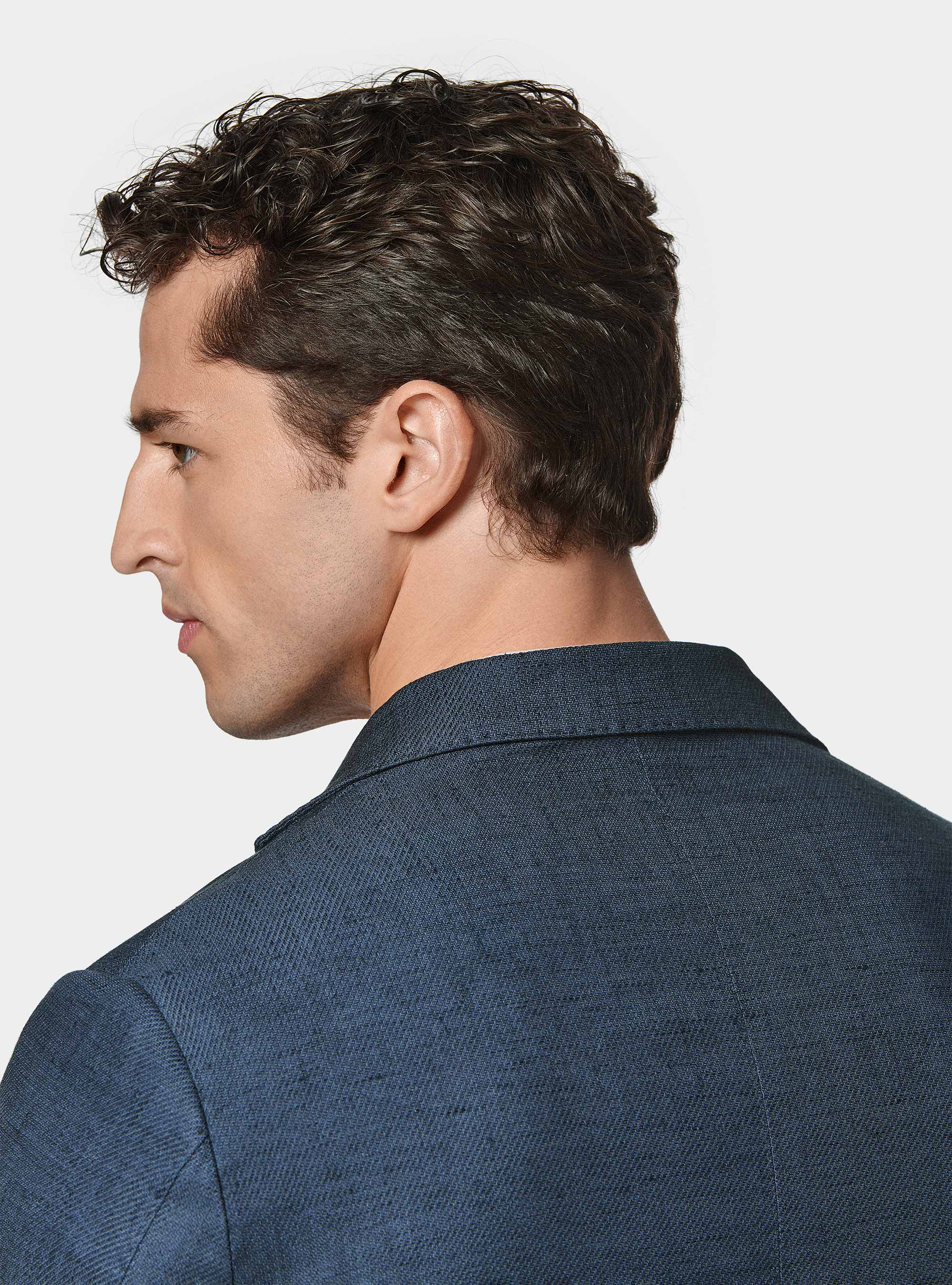 Linen and cotton blend blazer, NAVY BLUE