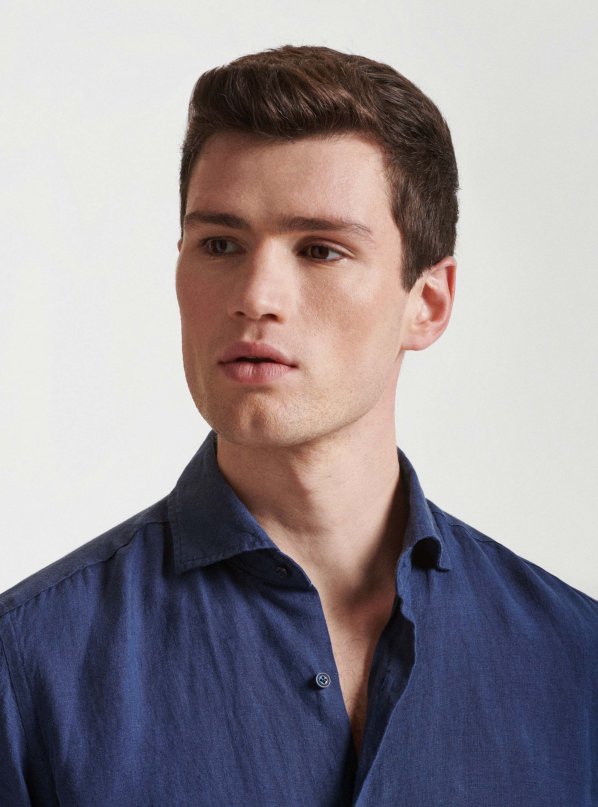 Semi-French collar shirt in pure linen, NAVY BLUE